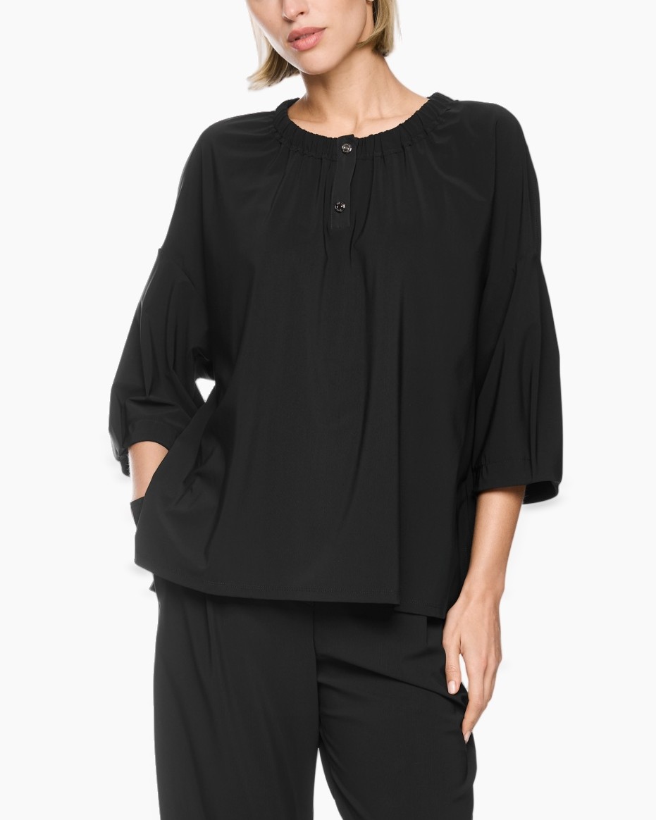 black blouse, knotted neckline, three-quarter sleeves, loose fit, solid color