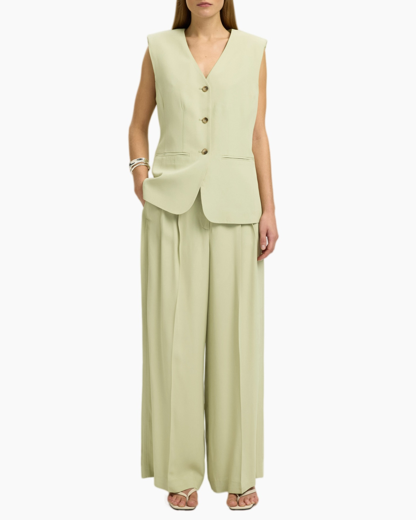 vest, sleeveless, vested, two-piece, wide-leg