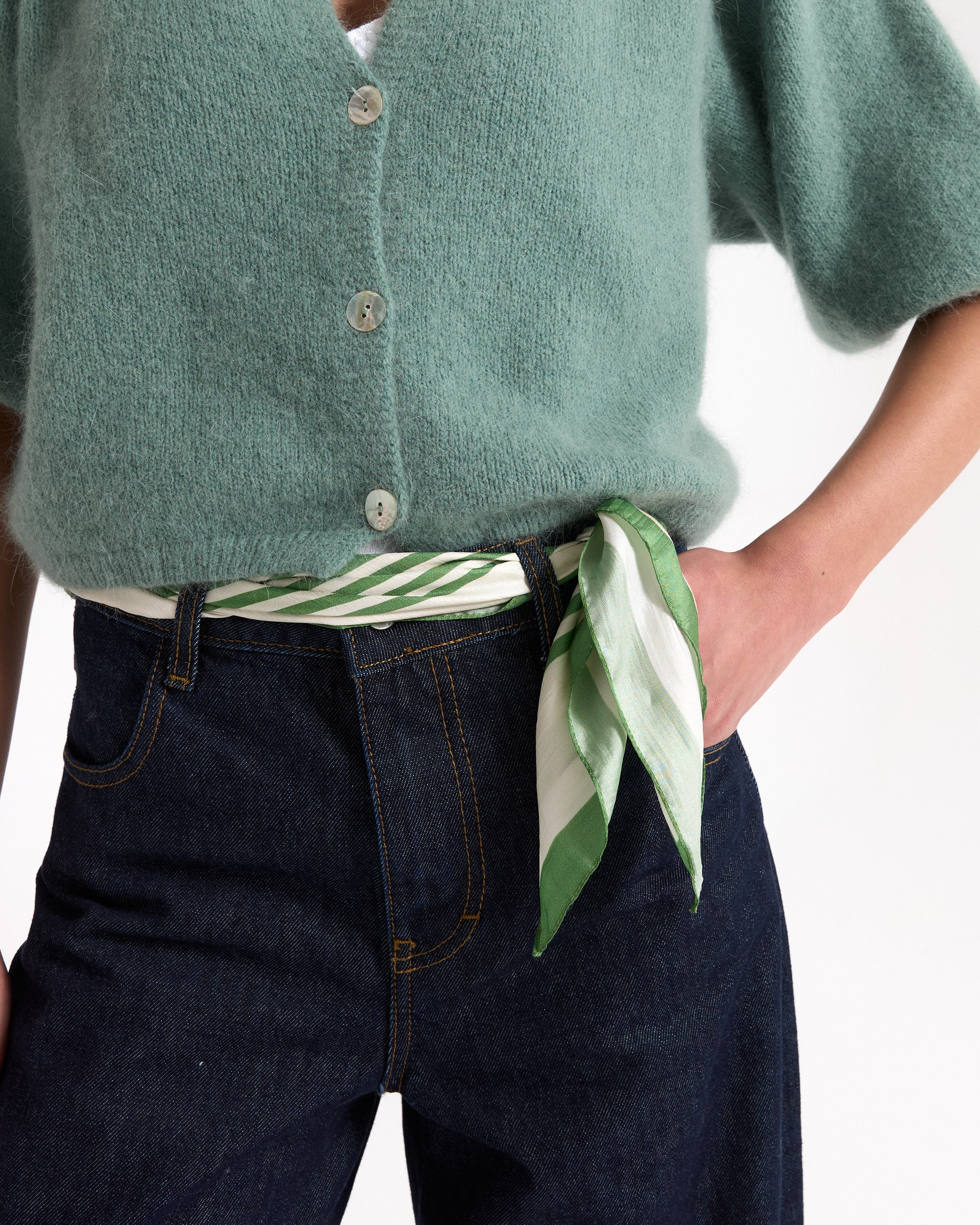 cardigan, knit, green, button-down, scarf