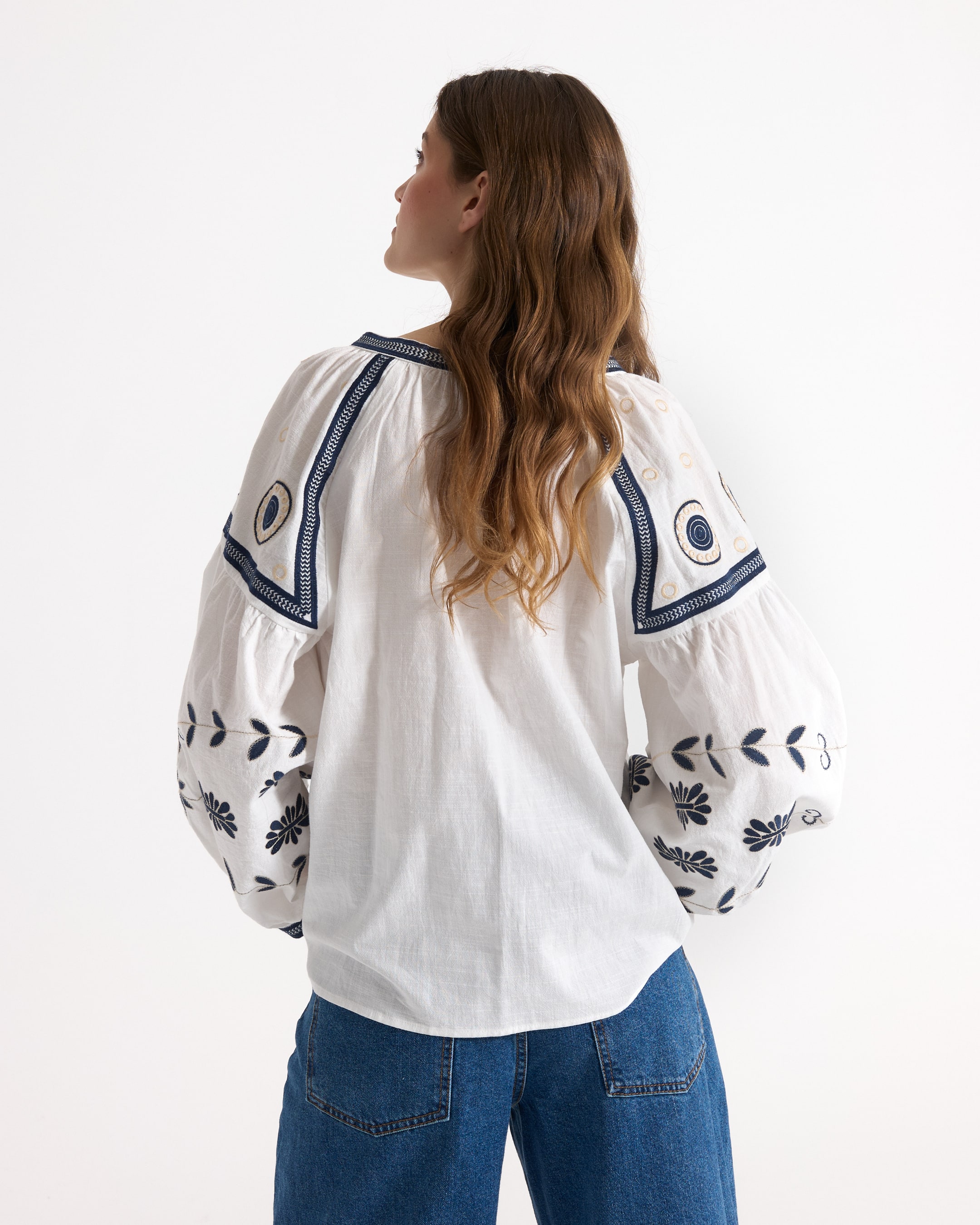 blouse, embroidered, white, loose-fit, long-sleeve