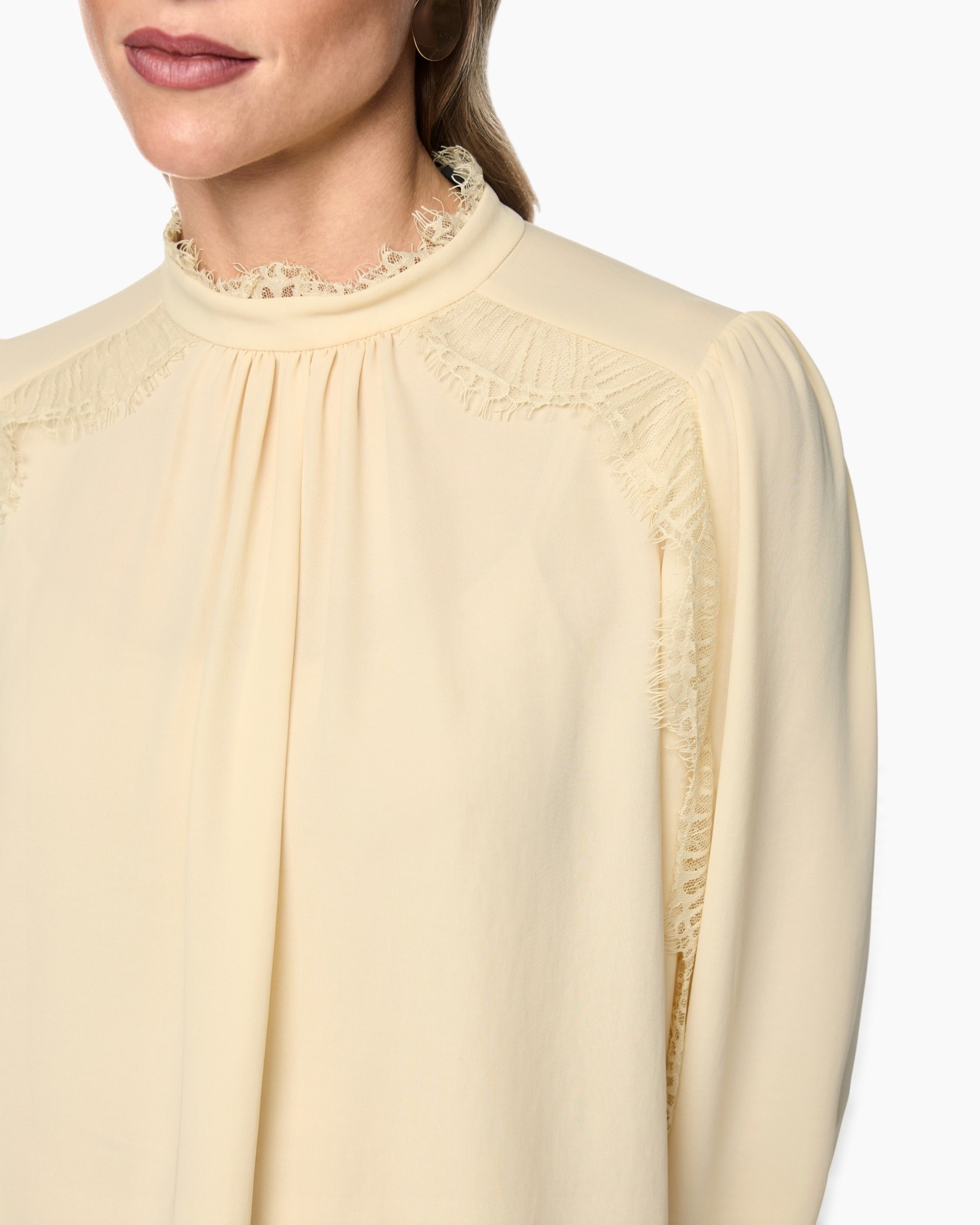 blouse, cream, lace, high neck, long sleeve