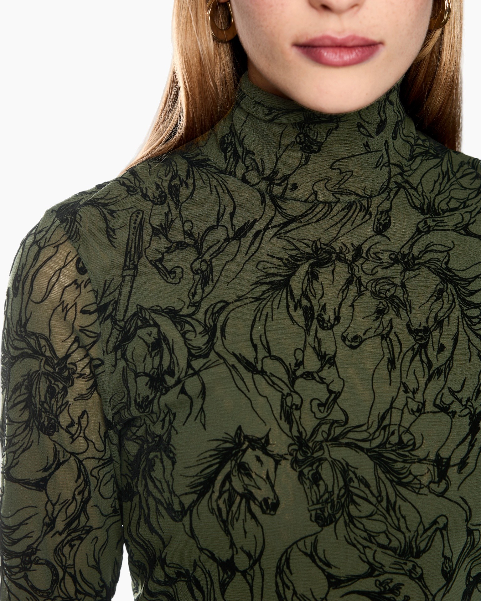 turtleneck, sheer, print, horse, pattern