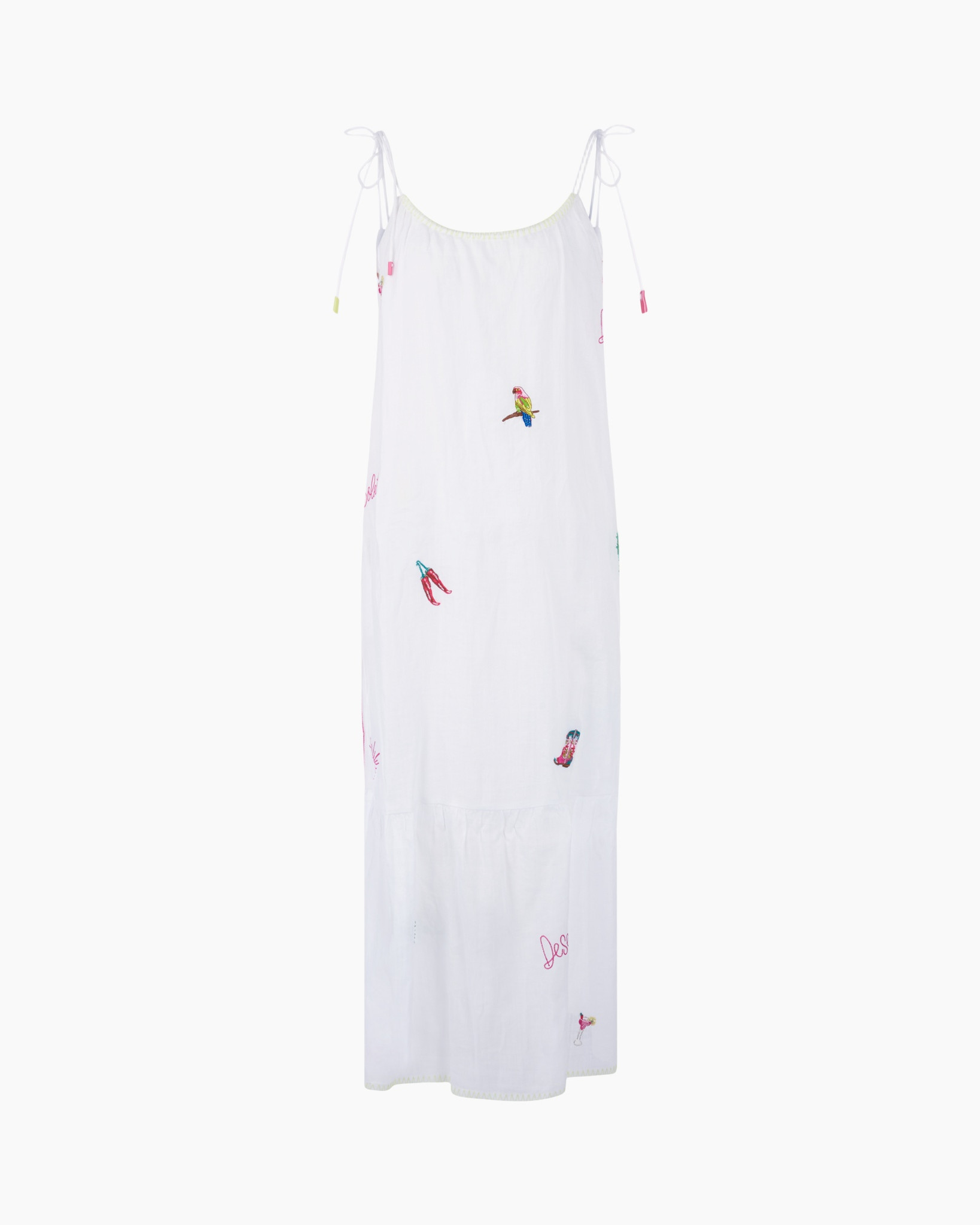 white dress, sundress, embroidery, spaghetti straps, long dress