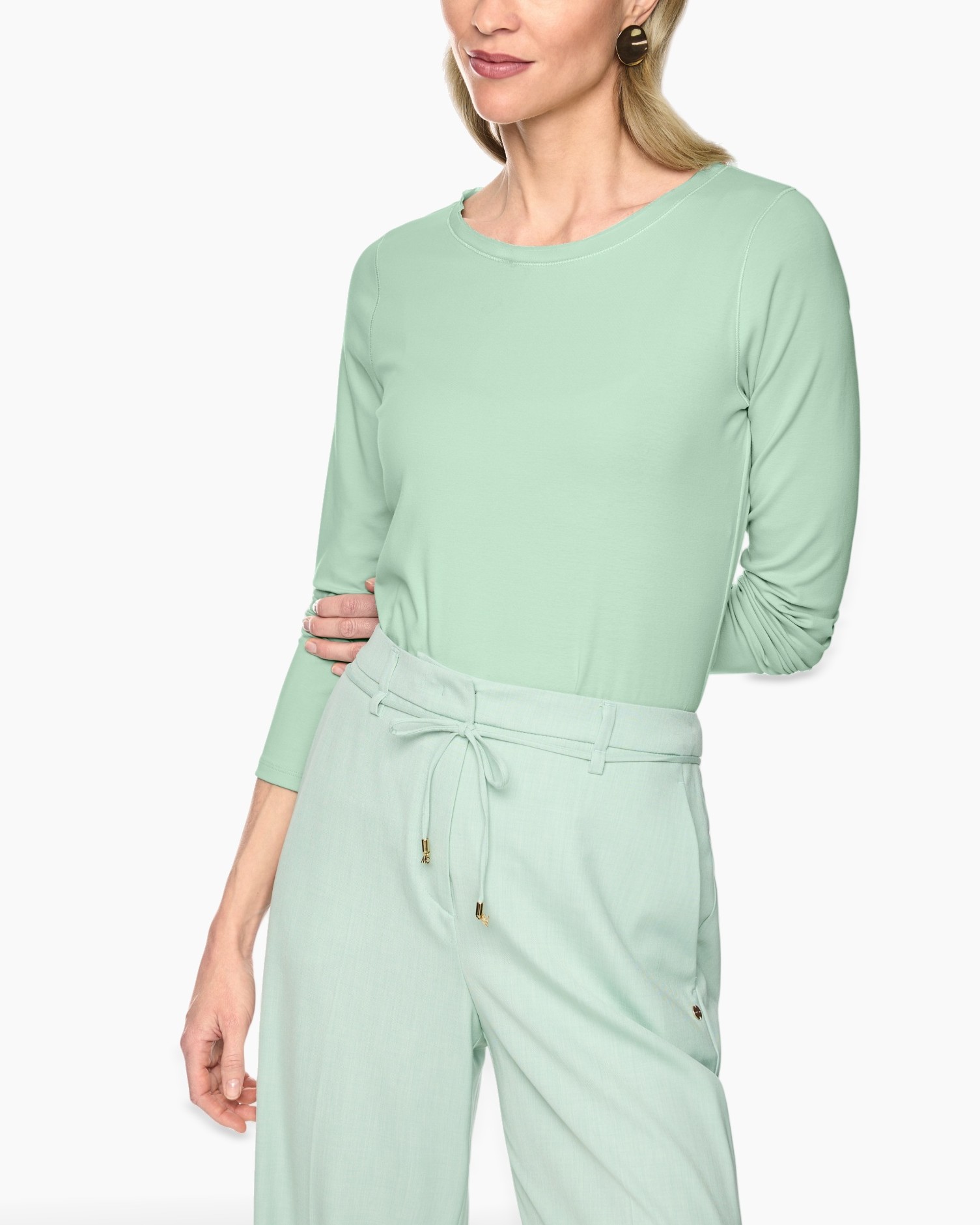 top, mint green, long sleeve, crew neck, belted pants