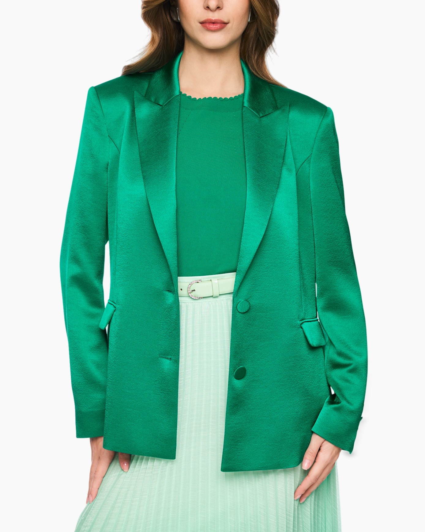 green blazer, women's blazer, solid color, notched lapels, single-breasted