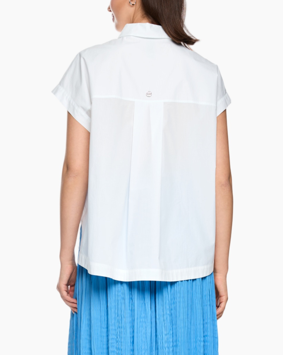 white shirt, sailboat print, short sleeves, button front, blue skirt