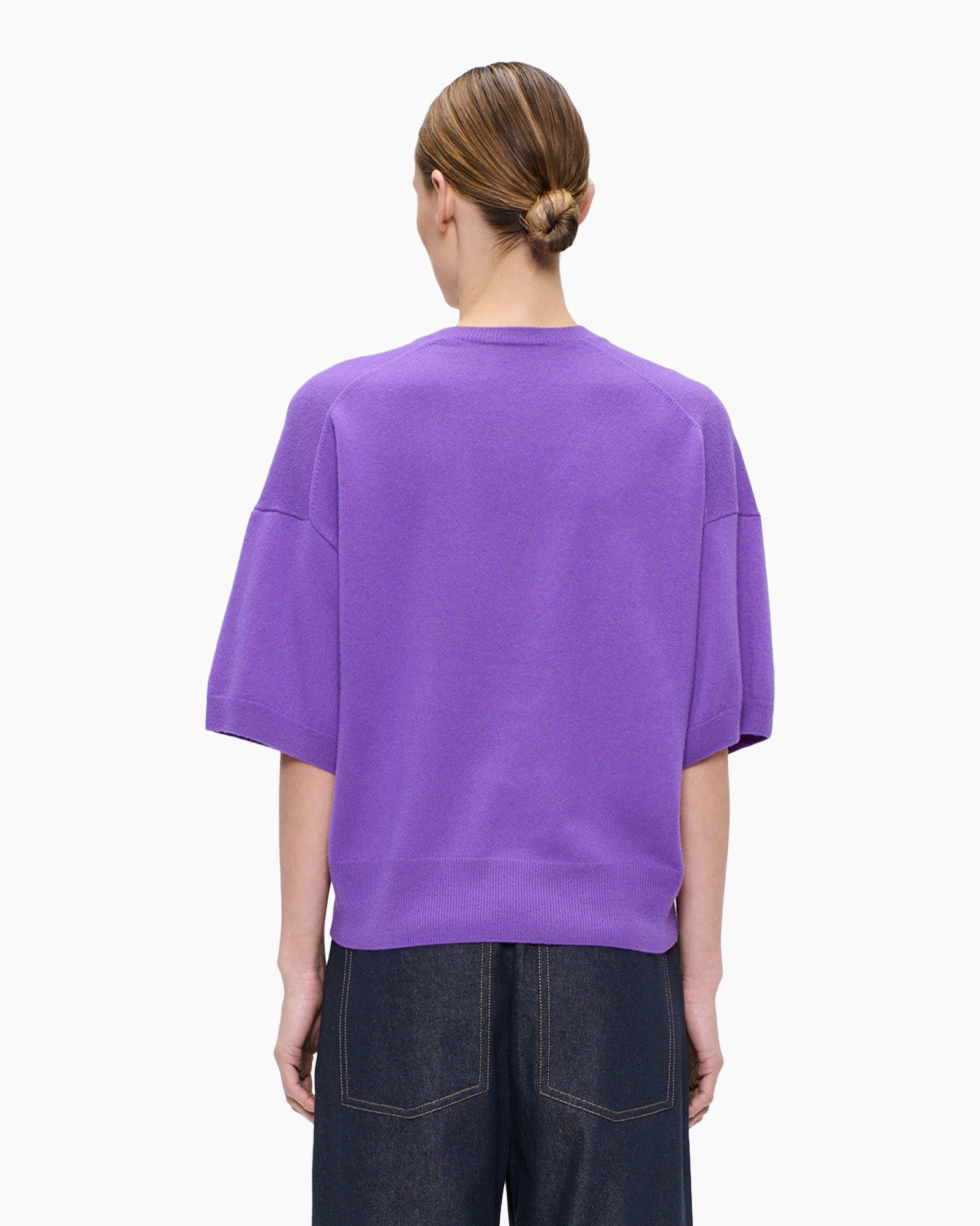 purple, sweater, short-sleeve, crew neck, back view
