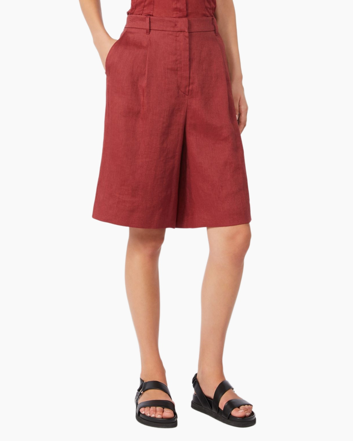 shorts, linen, red, knee-length, waistband