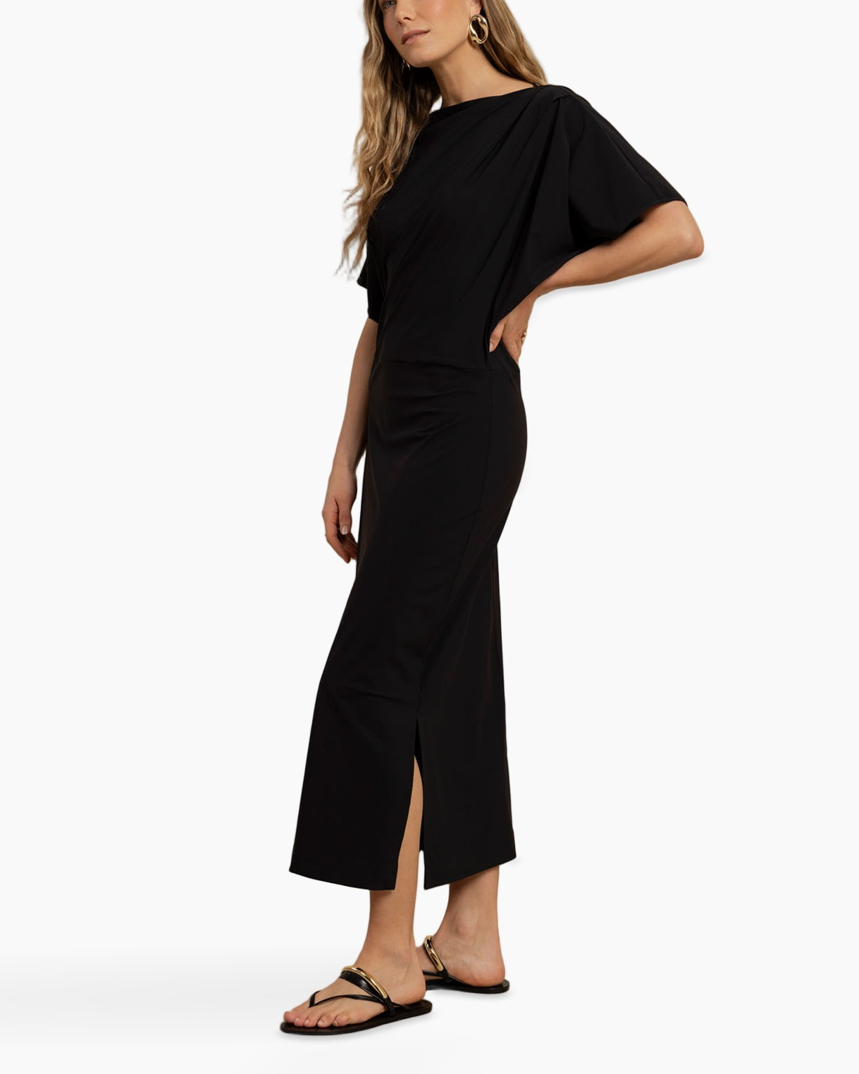 dress, jumpsuit?, black, maxi dress, sleeve detail
