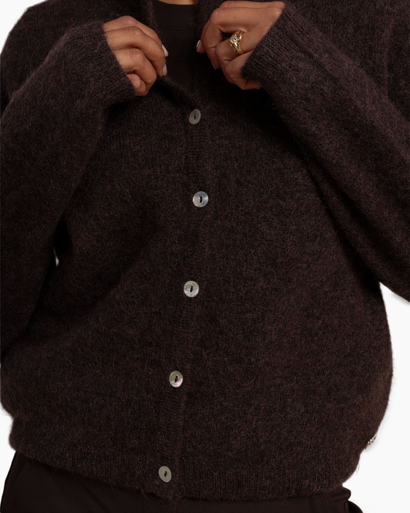cardigan, buttons, knit, dark brown, soft texture