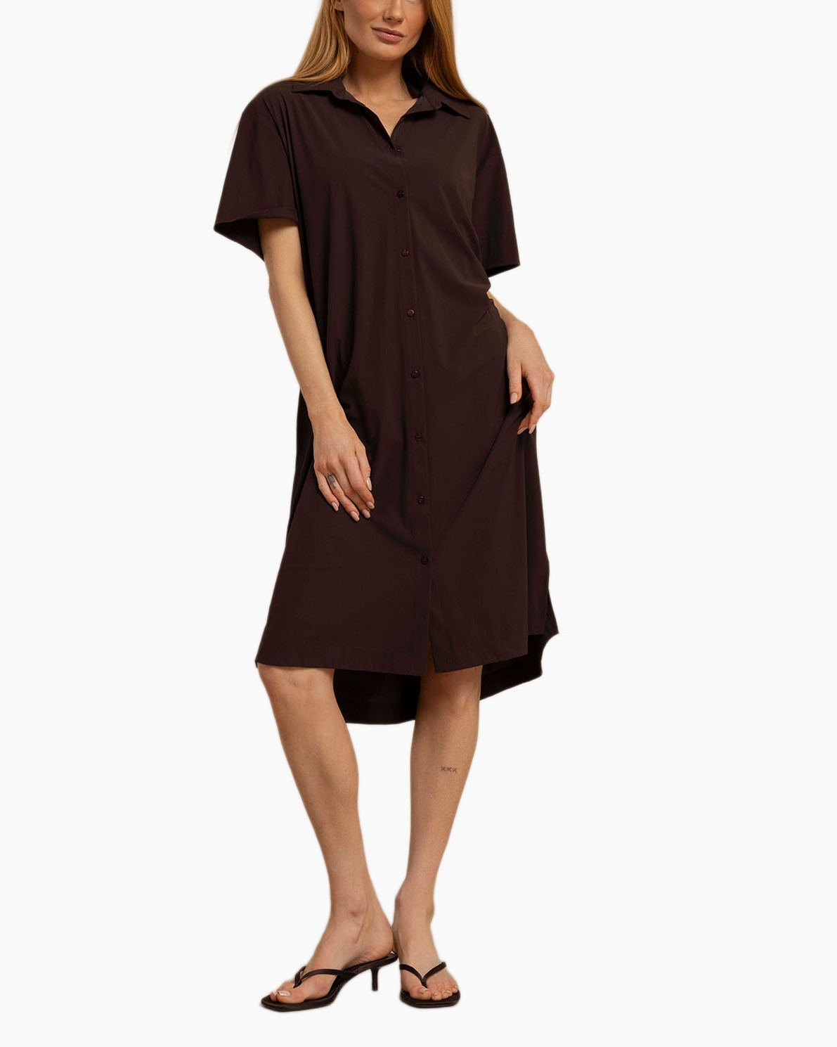 shirt dress, short sleeves, button front, knee-length, brown