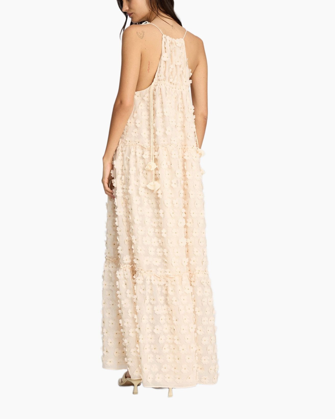 maxi dress, beige, embellished, floral texture, sleeveless