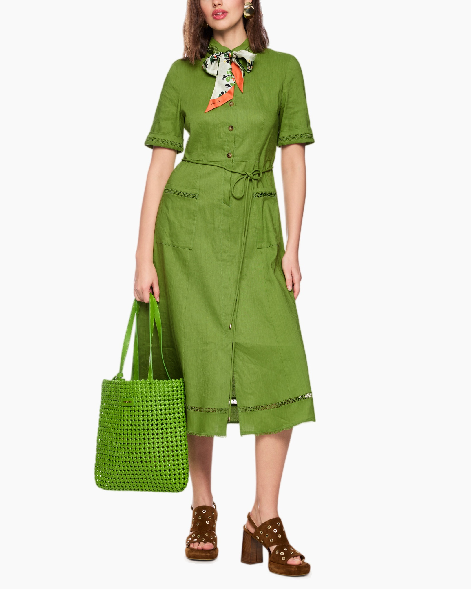 dress, linen, green, mid-length, belted