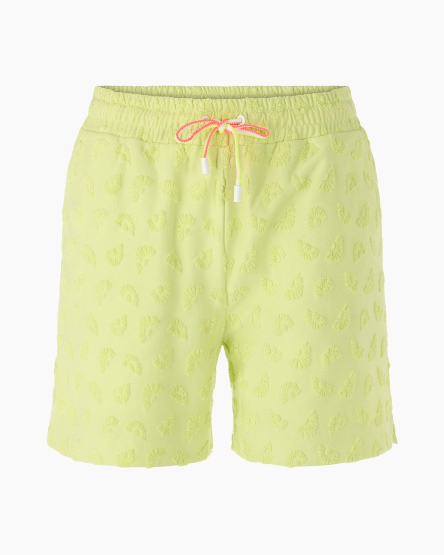 swim shorts, drawstring, lime green, soft texture, patterned fabric