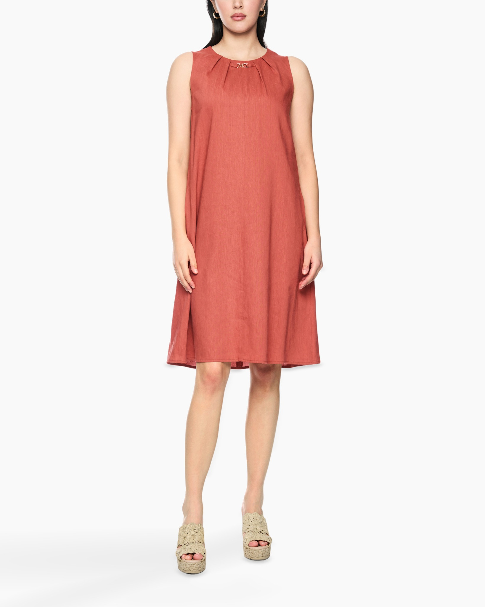 sundress, linen, rust, mid-length, platform sandals