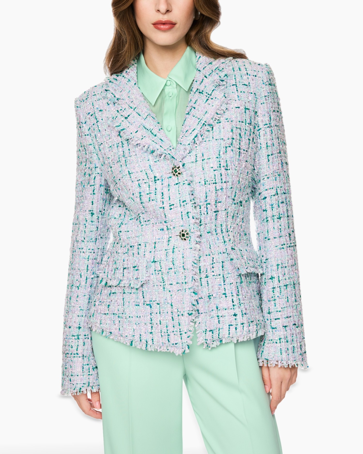 blazer, tweed, long-sleeve, two-tone, button-up