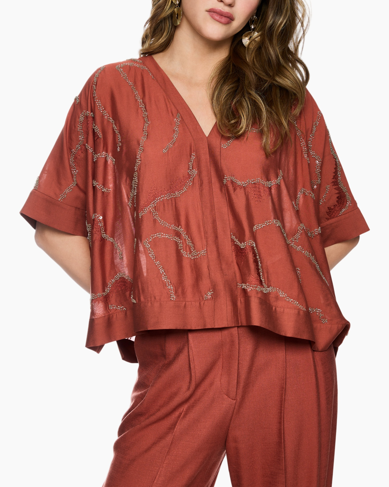 top, blouse, embellished, linen, rust