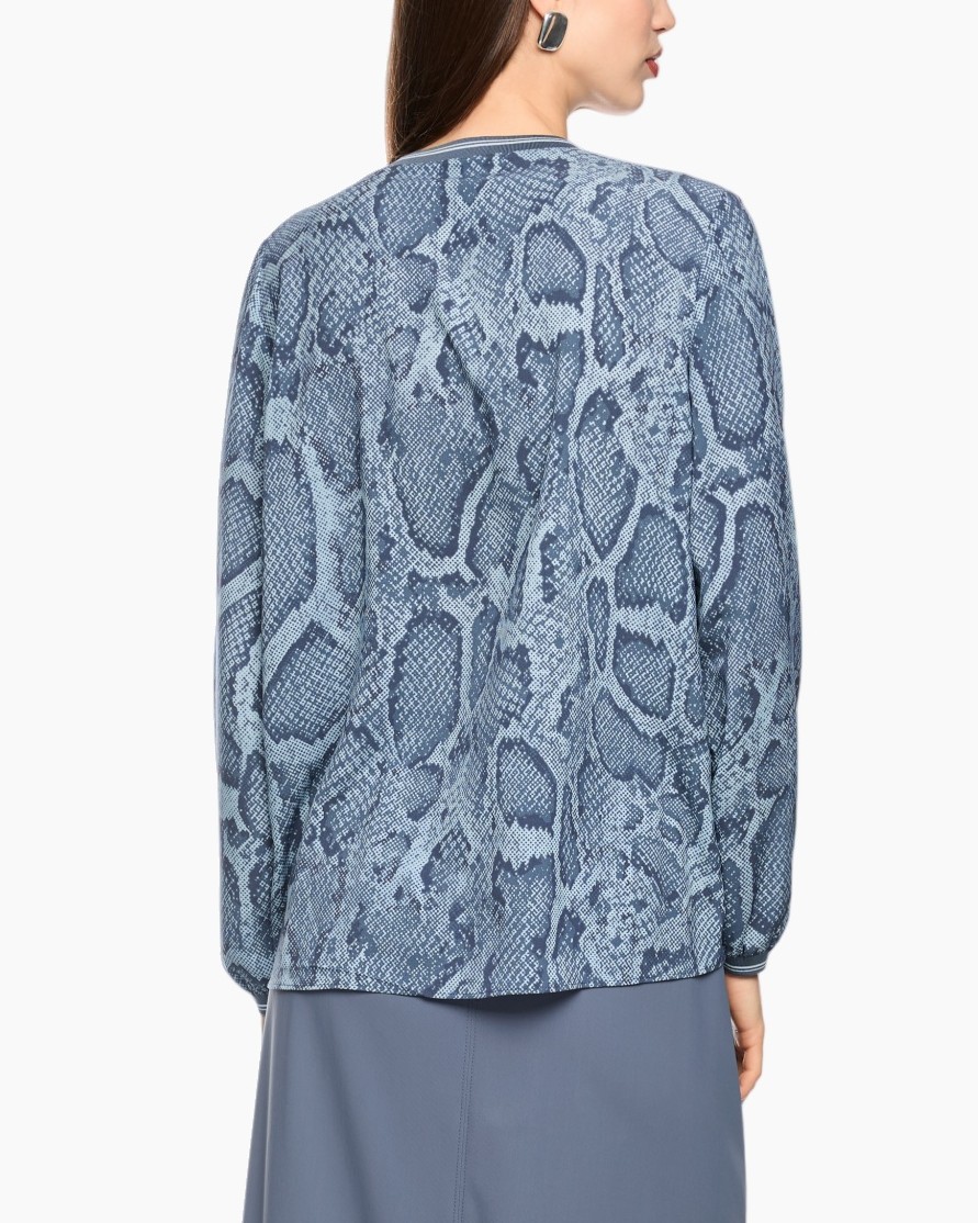 snake print, snake skin, patterned top, long sleeves, blue-gray
