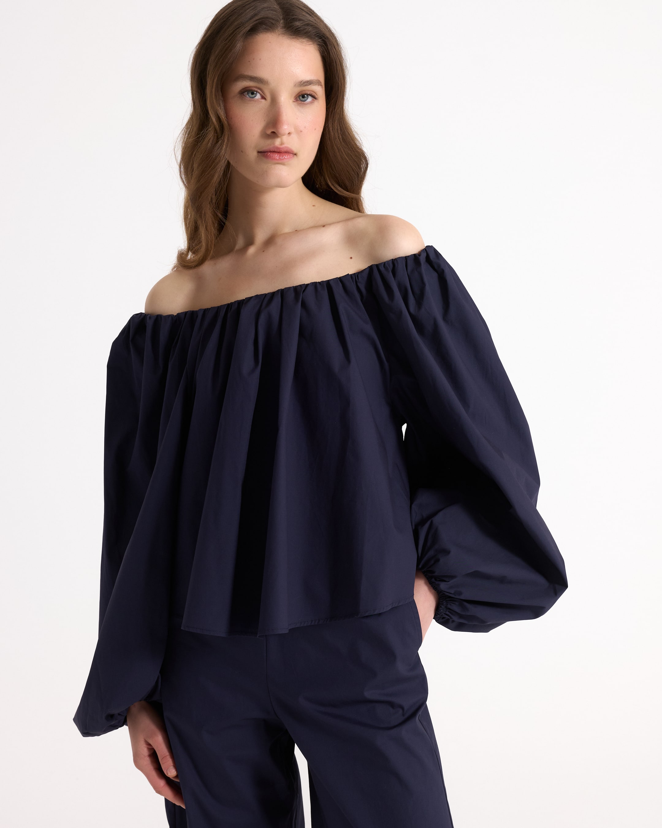 off-shoulder, navy, blouse, puff-sleeve, top