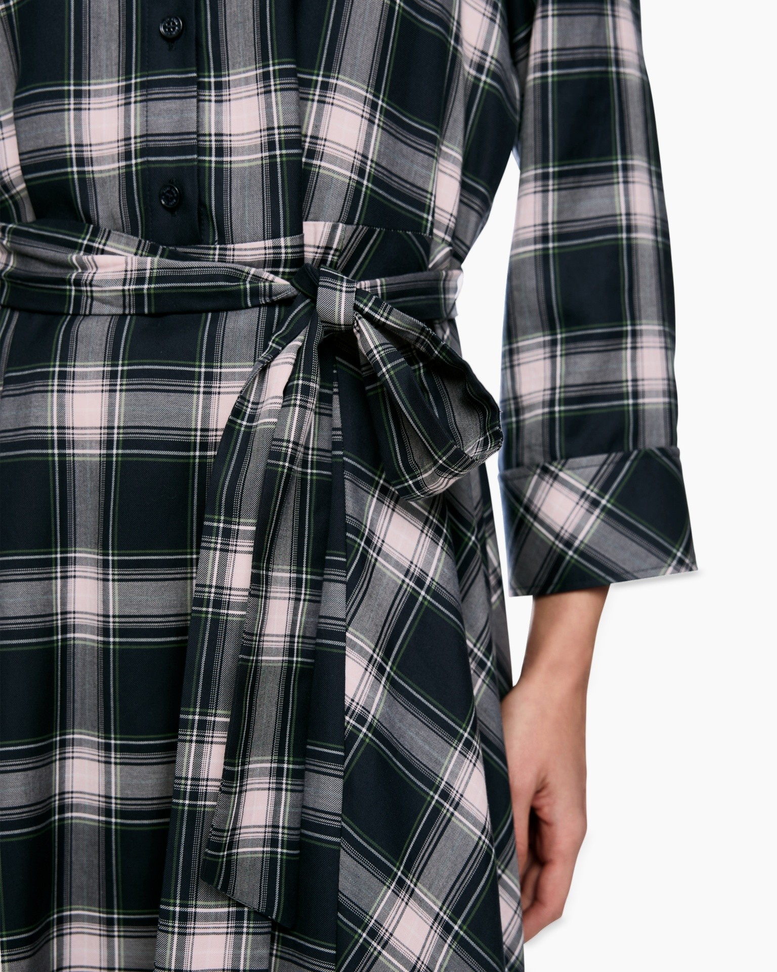 plaid, belted, wrap-dress, long-sleeve, navy