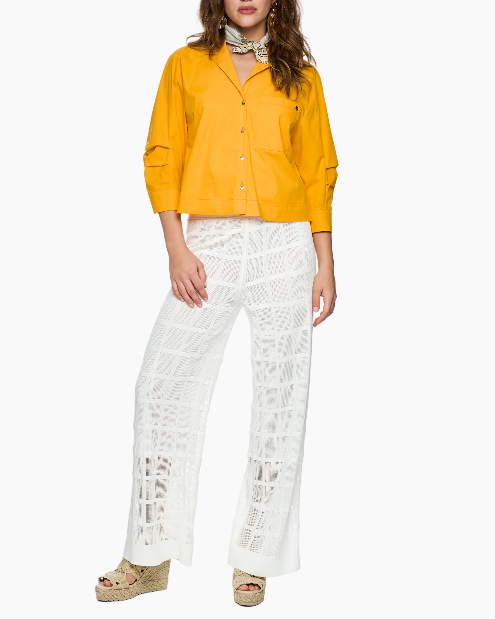 yellow shirt, button-down, collared, long-sleeve, white wide-leg pants