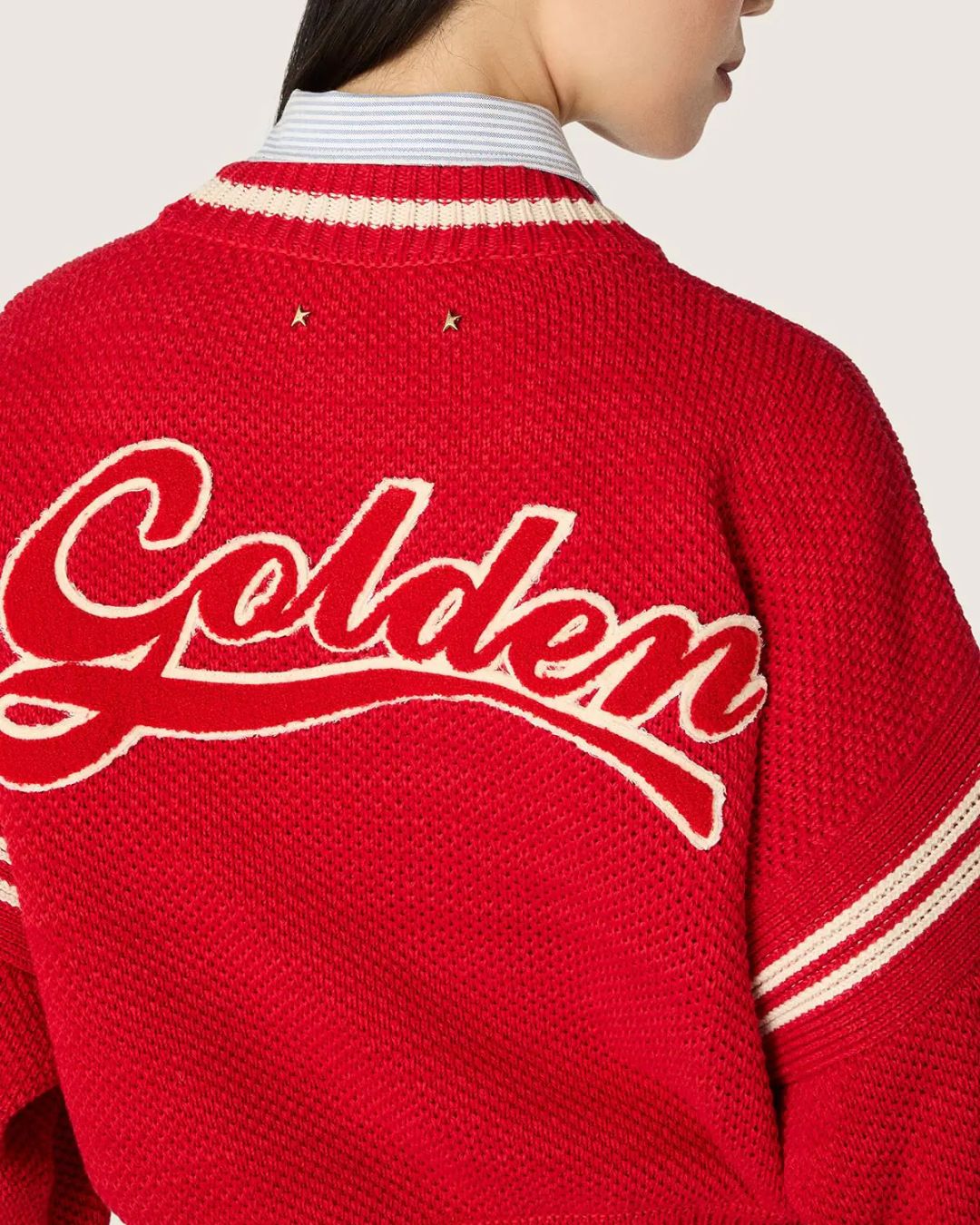 knitted sweater, red cardigan, lettering, gold buttons, striped collar
