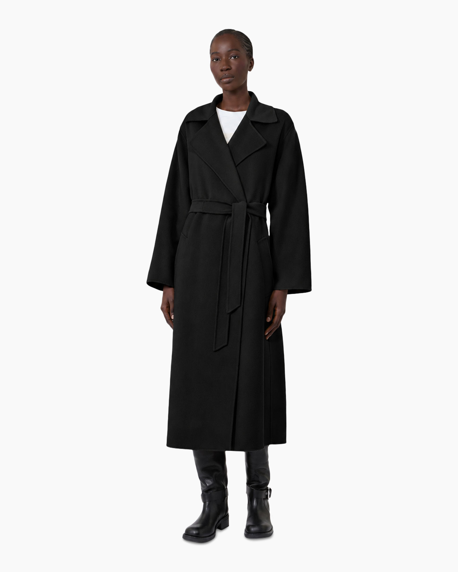trench coat, long coat, belted, black, knee-length