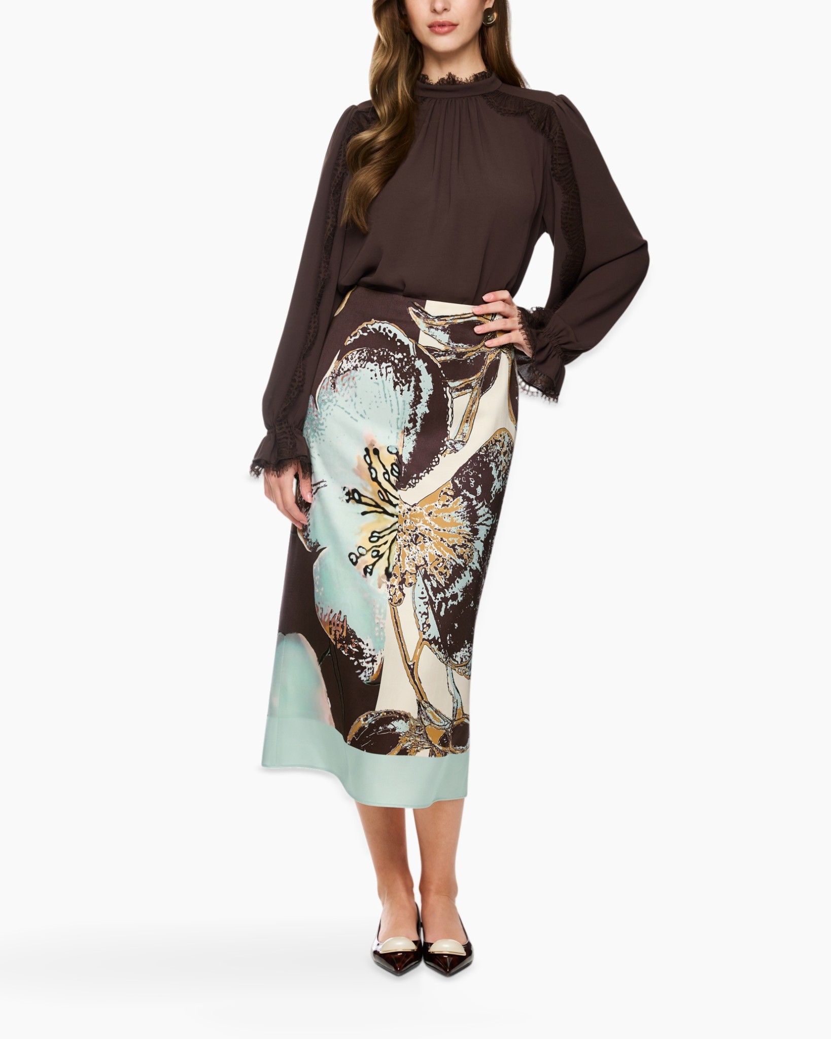 blouse, lattice detailing, long sleeves, midi skirt, abstract print