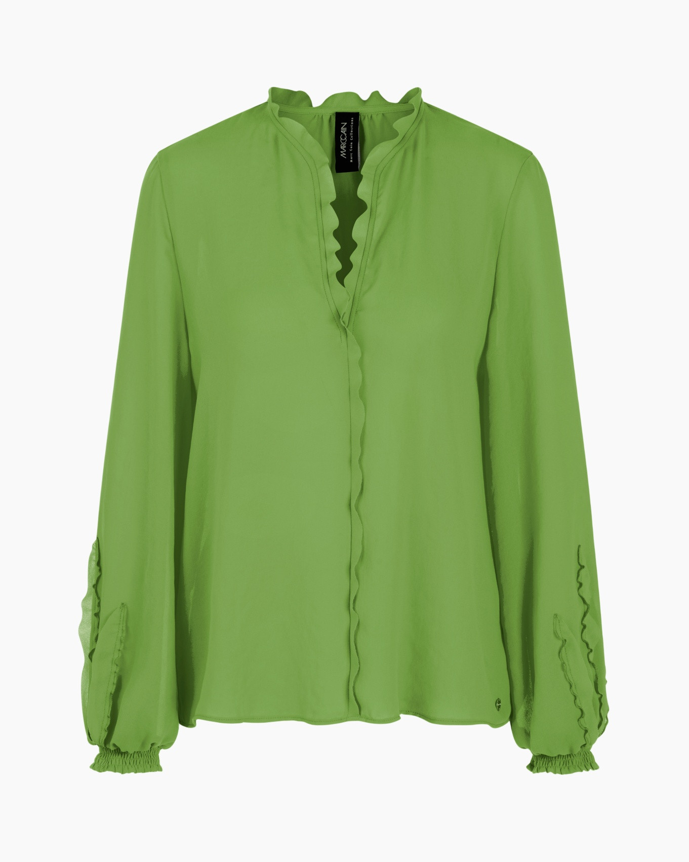green, blouse, longsleeve, scalloped, rugged-edge