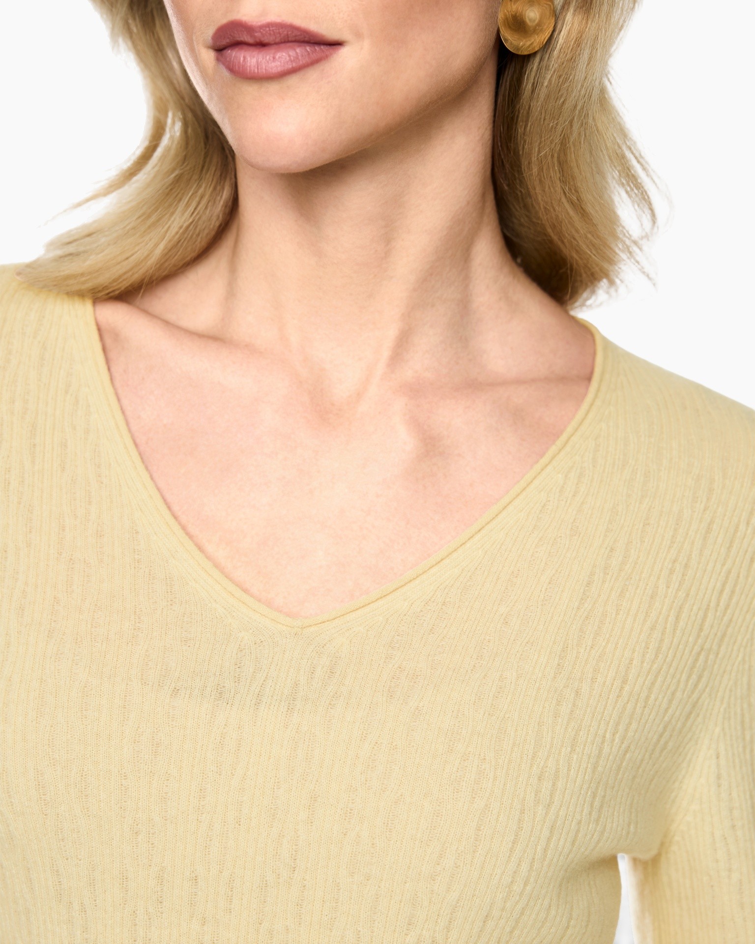 V-neck, Knit, Light yellow, Top, Woman