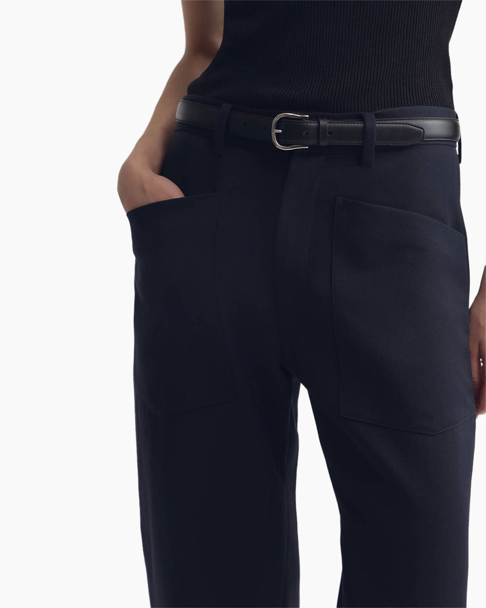 pants, tailored, pockets, black, belted