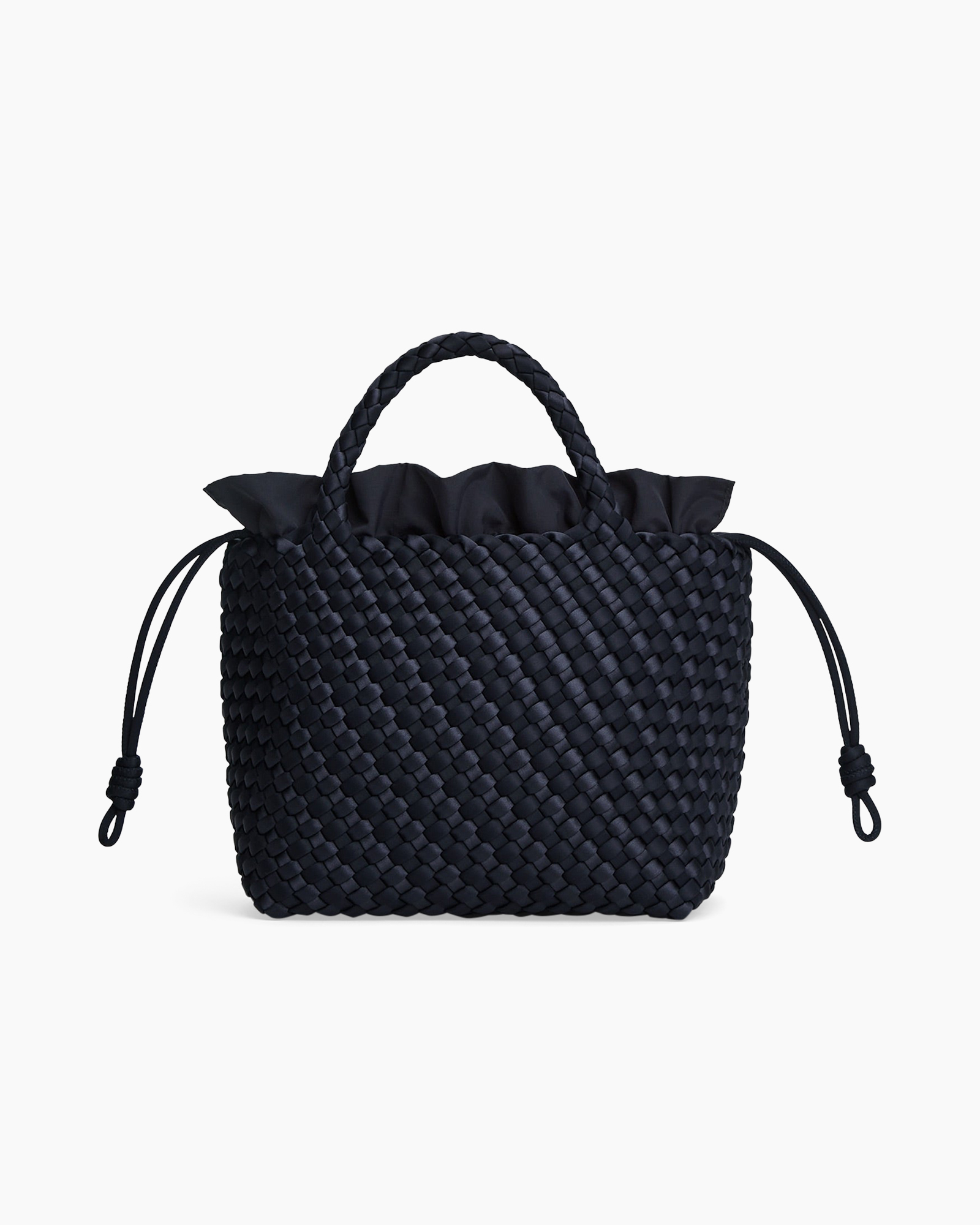 woven bag, knit bag, drawstring, navy color, small handbag