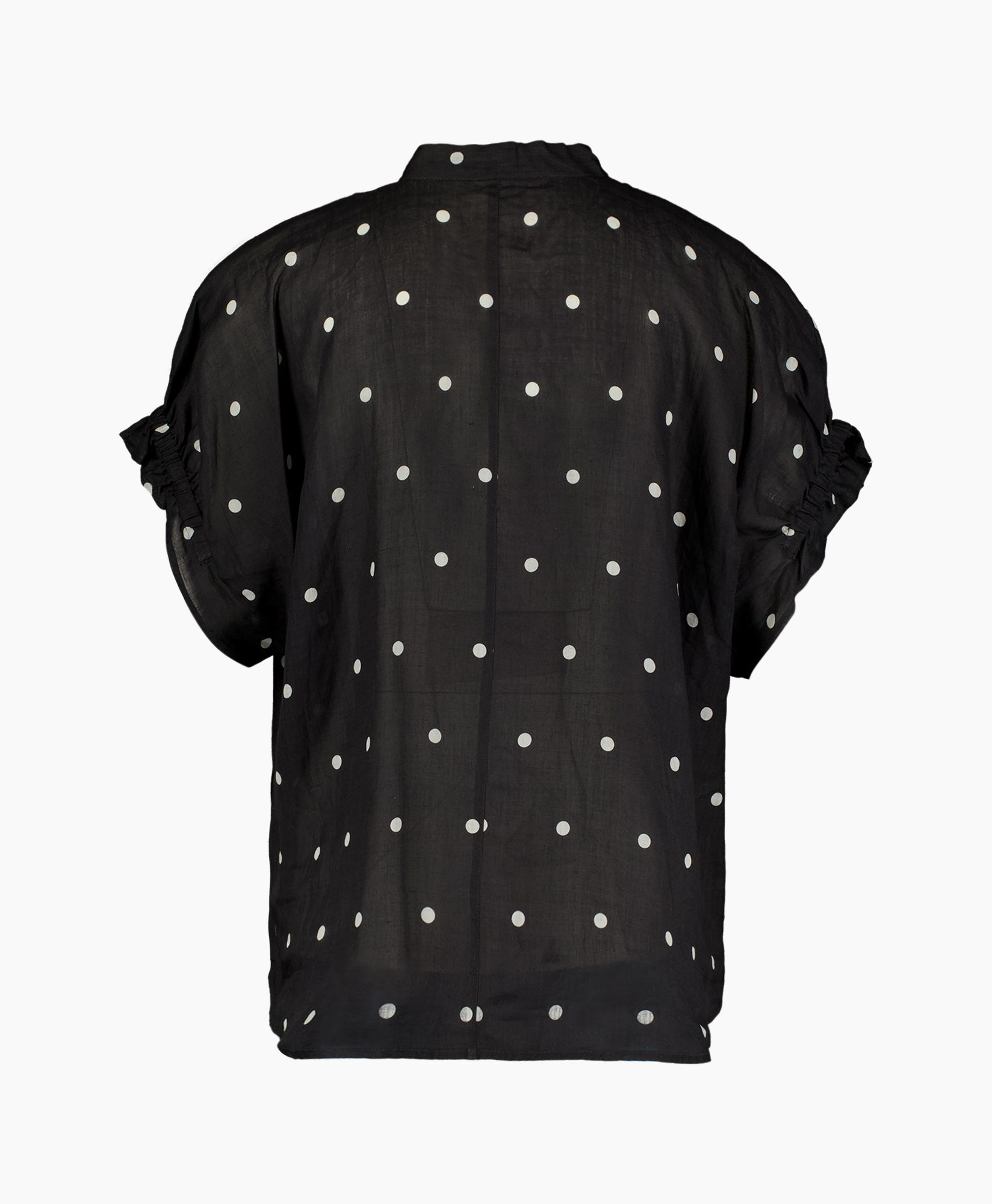 polka dot, black blouse, ruffled front, short sleeves, button placket