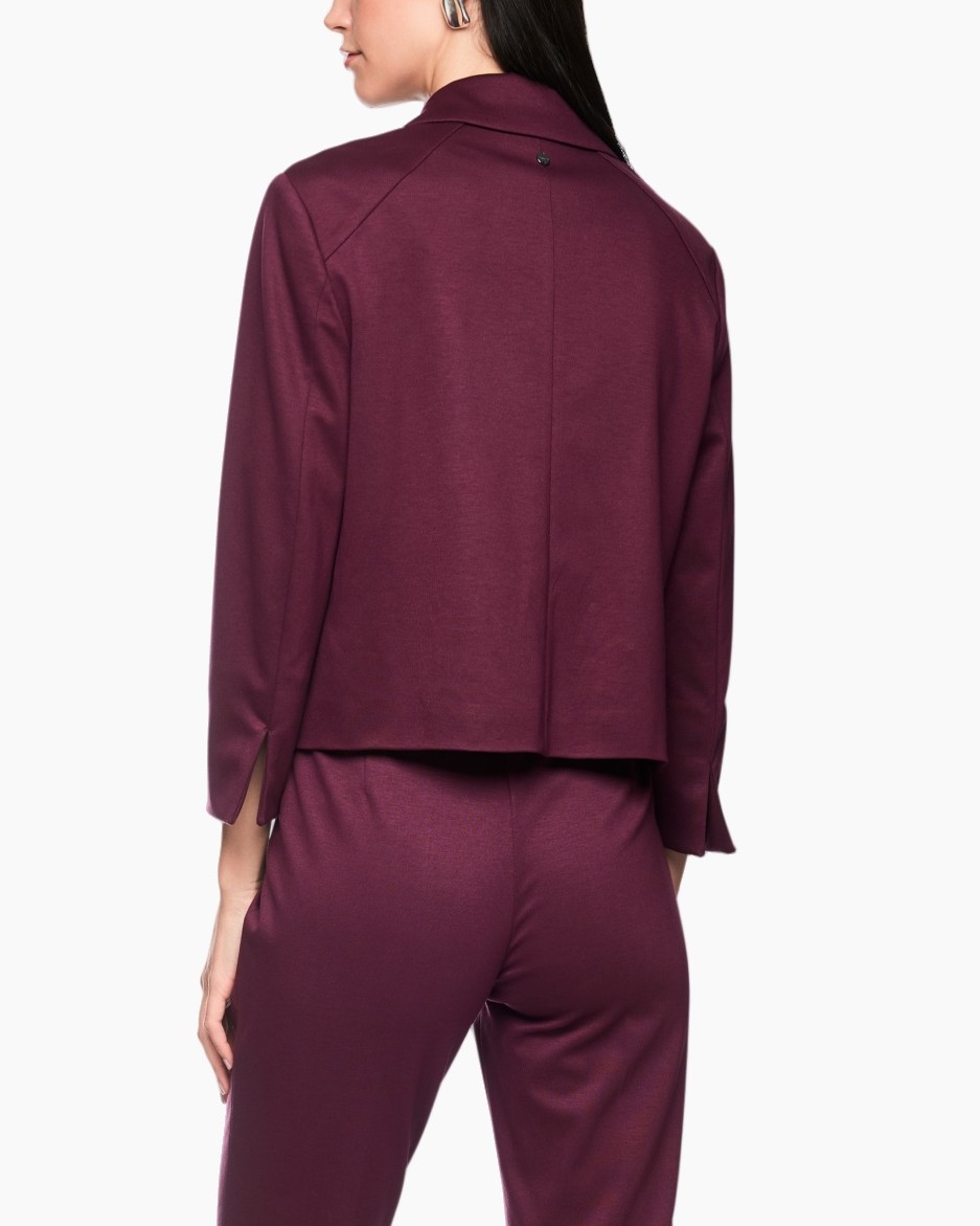 jacket, lip color, burgundy, long sleeves, slightly cropped
