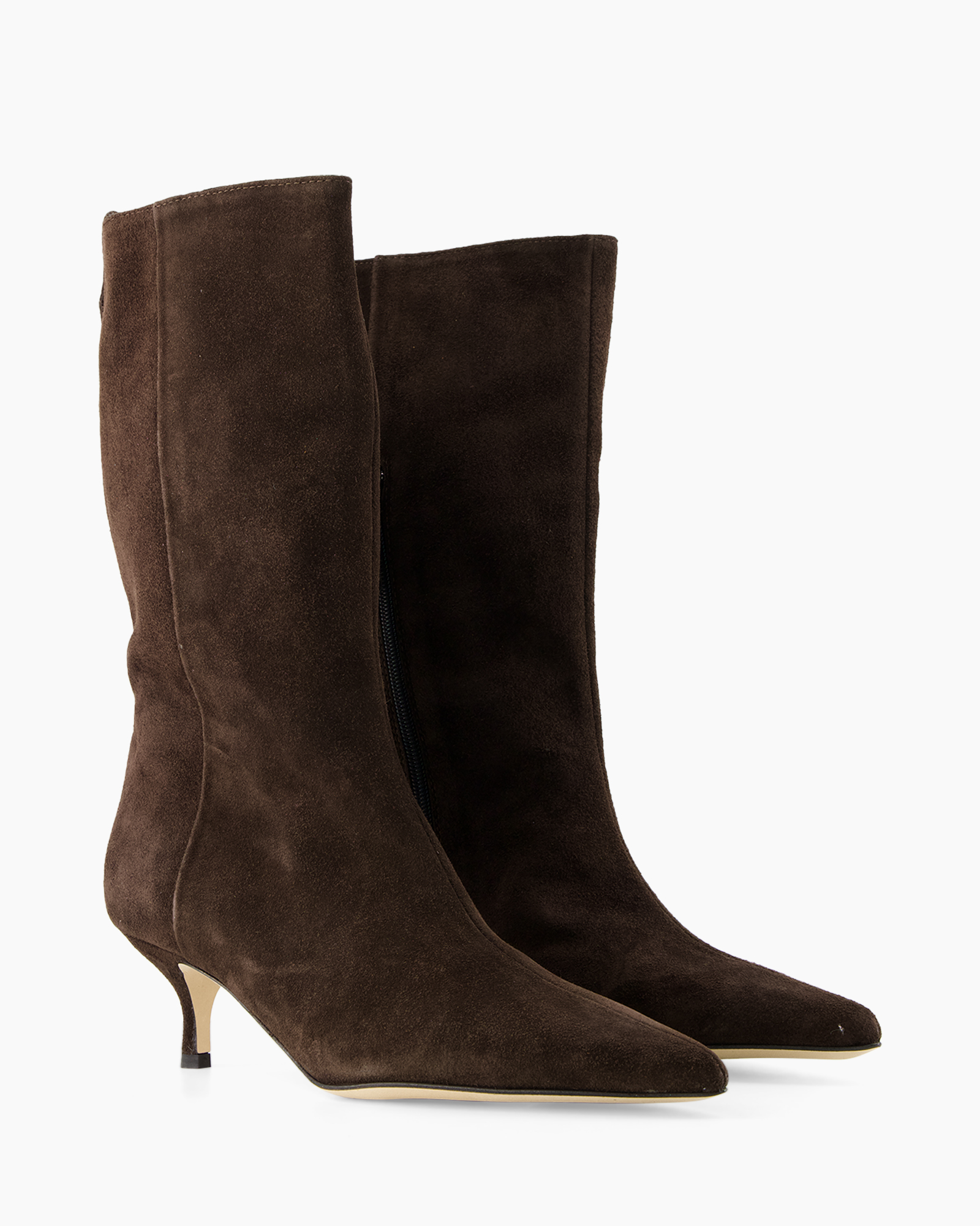 ankle boots, mid heel, brown suede, pointed toe, zipper side