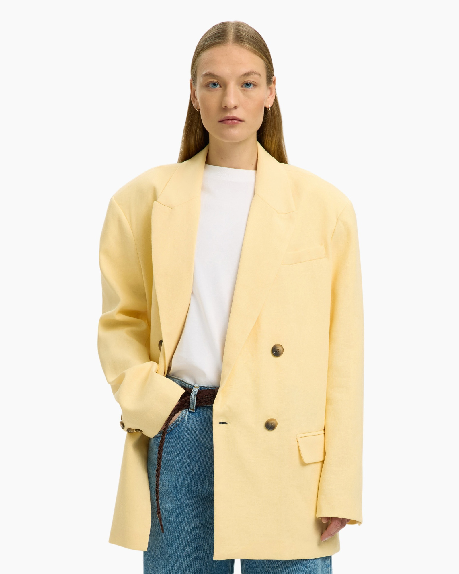 blazer, oversized, double-breasted, pastel yellow, pocketed