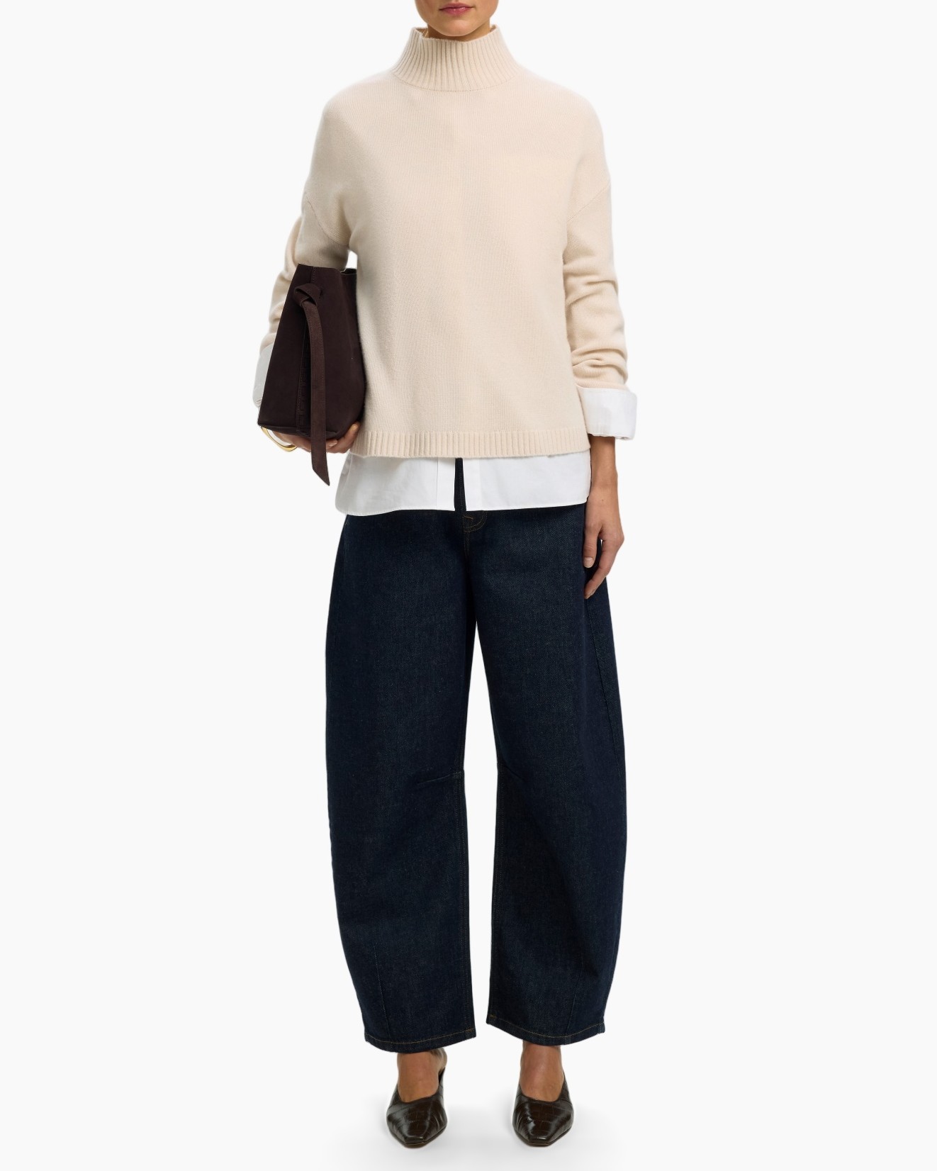 turtleneck, sweater, cream, layered shirt, wide-leg jeans