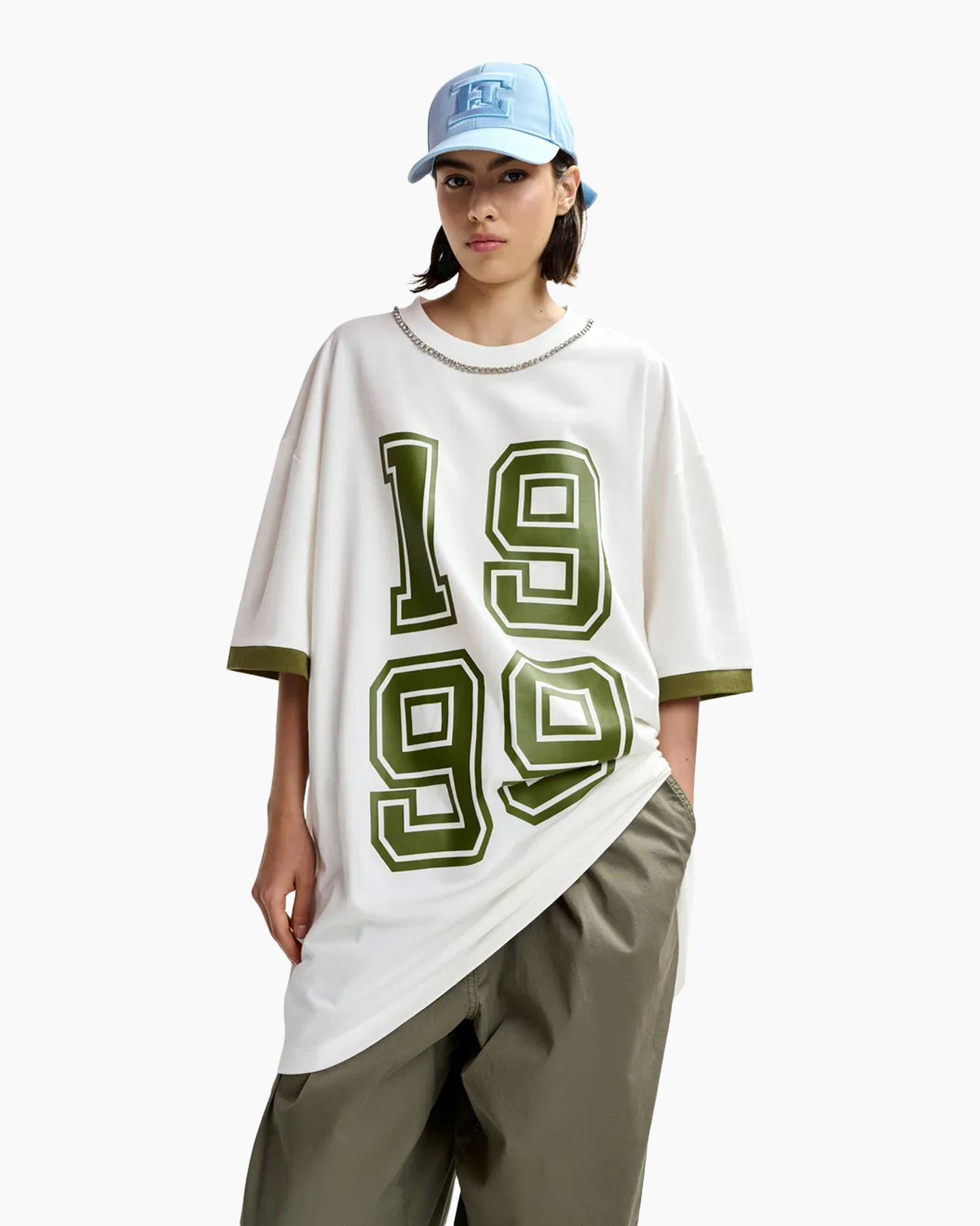t-shirt, graphic,  oversized, numbers 19 99, olive green