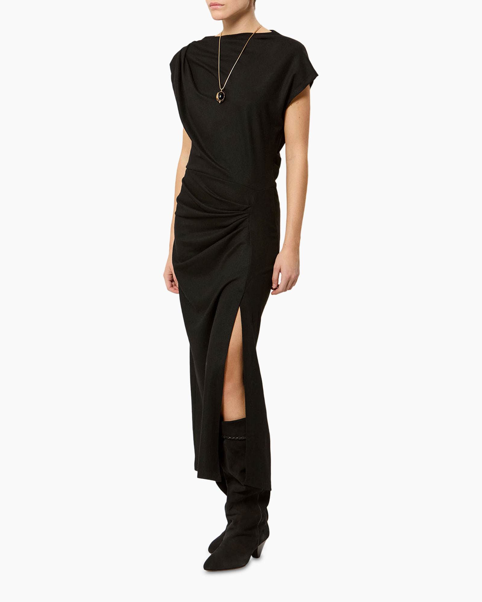 dress, black, asymmetric, slit, knee-high boots