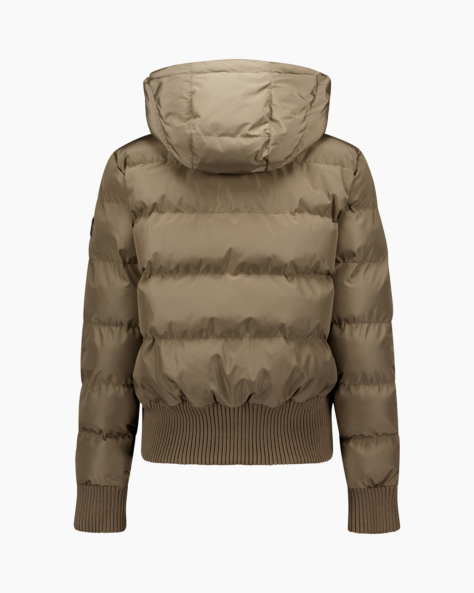 puffer jacket, hooded, tan, waffle knit hem, quilted