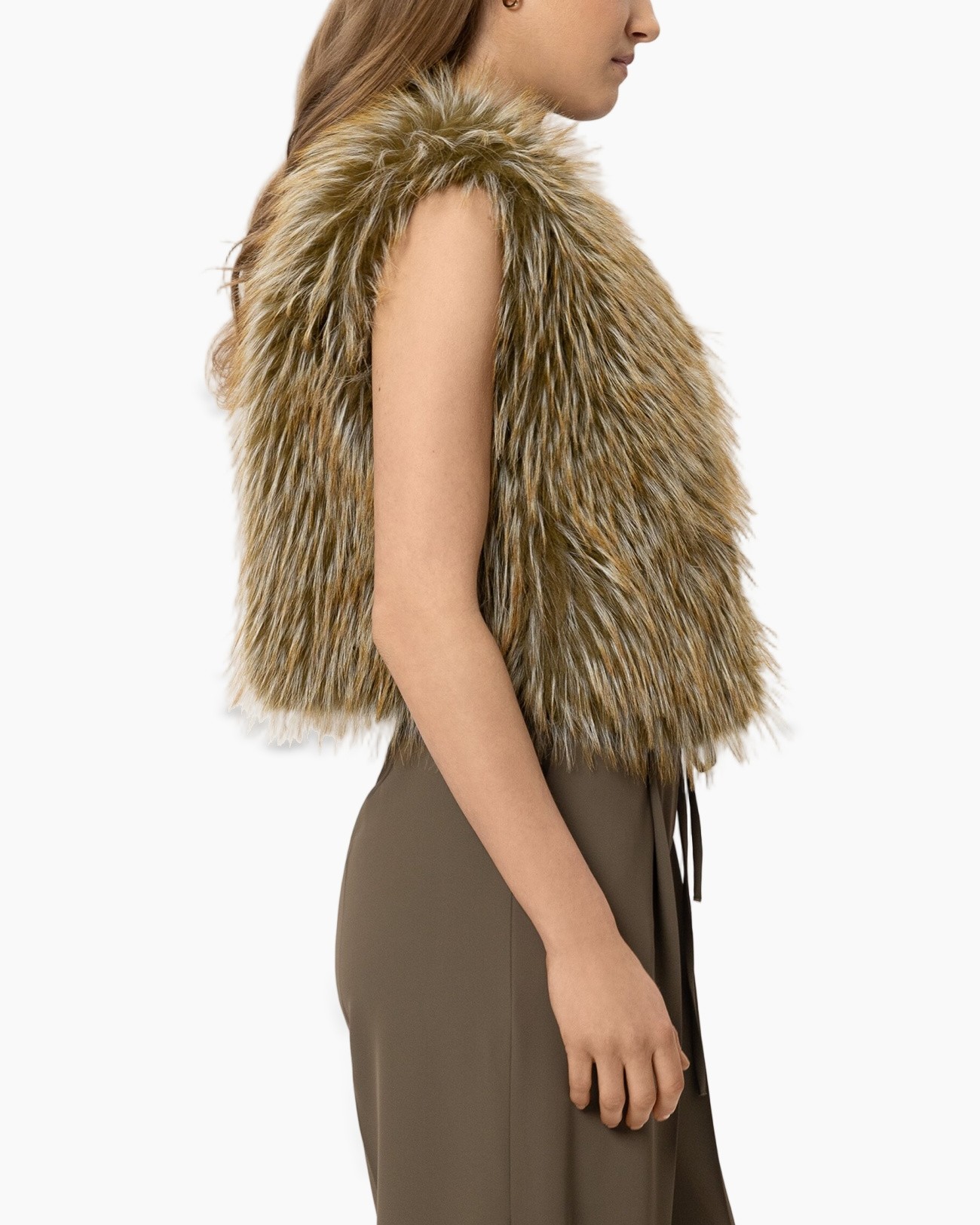 fur, faux fur, vest, sleeveless, tan