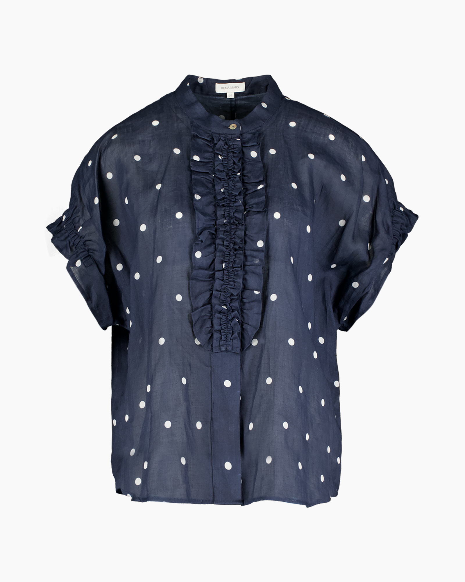 polka dot, blouse, navy, ruffle detail, short sleeve