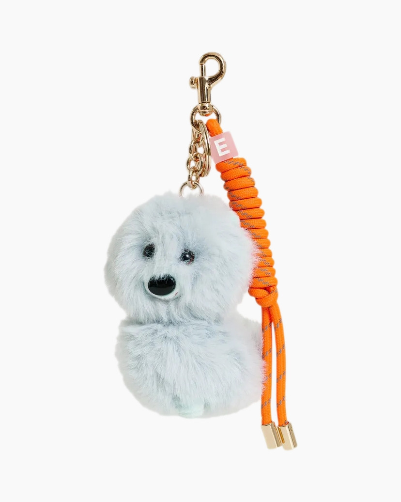 pompom, dog plush, keychain, orange cord, soft fur