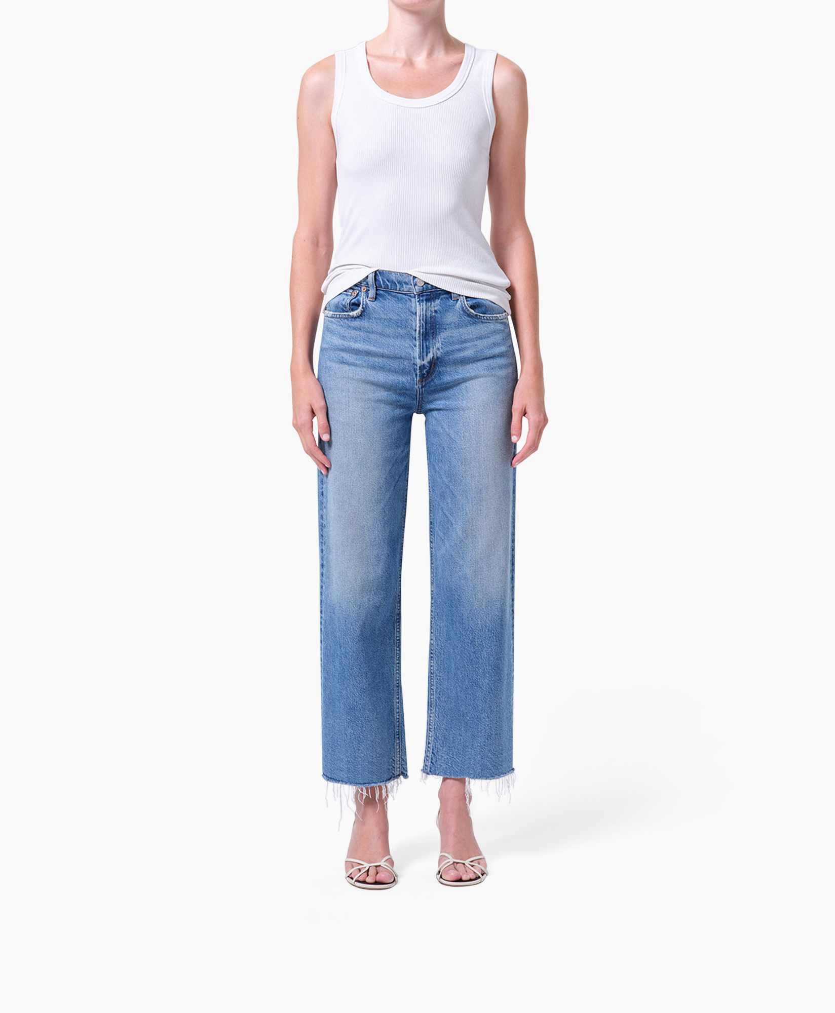 tank top, white top, jeans, wide leg, frayed hem