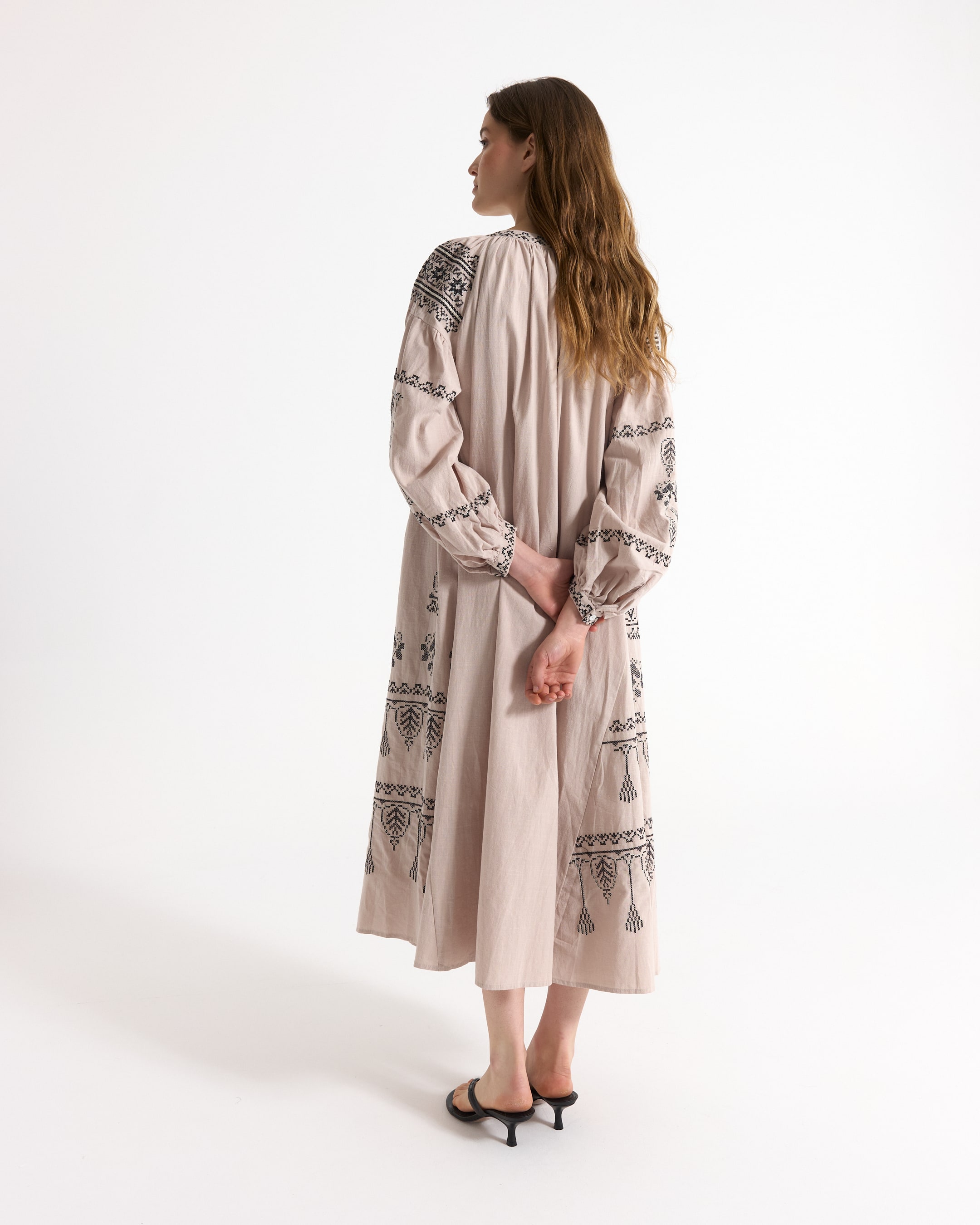 linen dress, embroidery, long sleeves, beige, mid-length