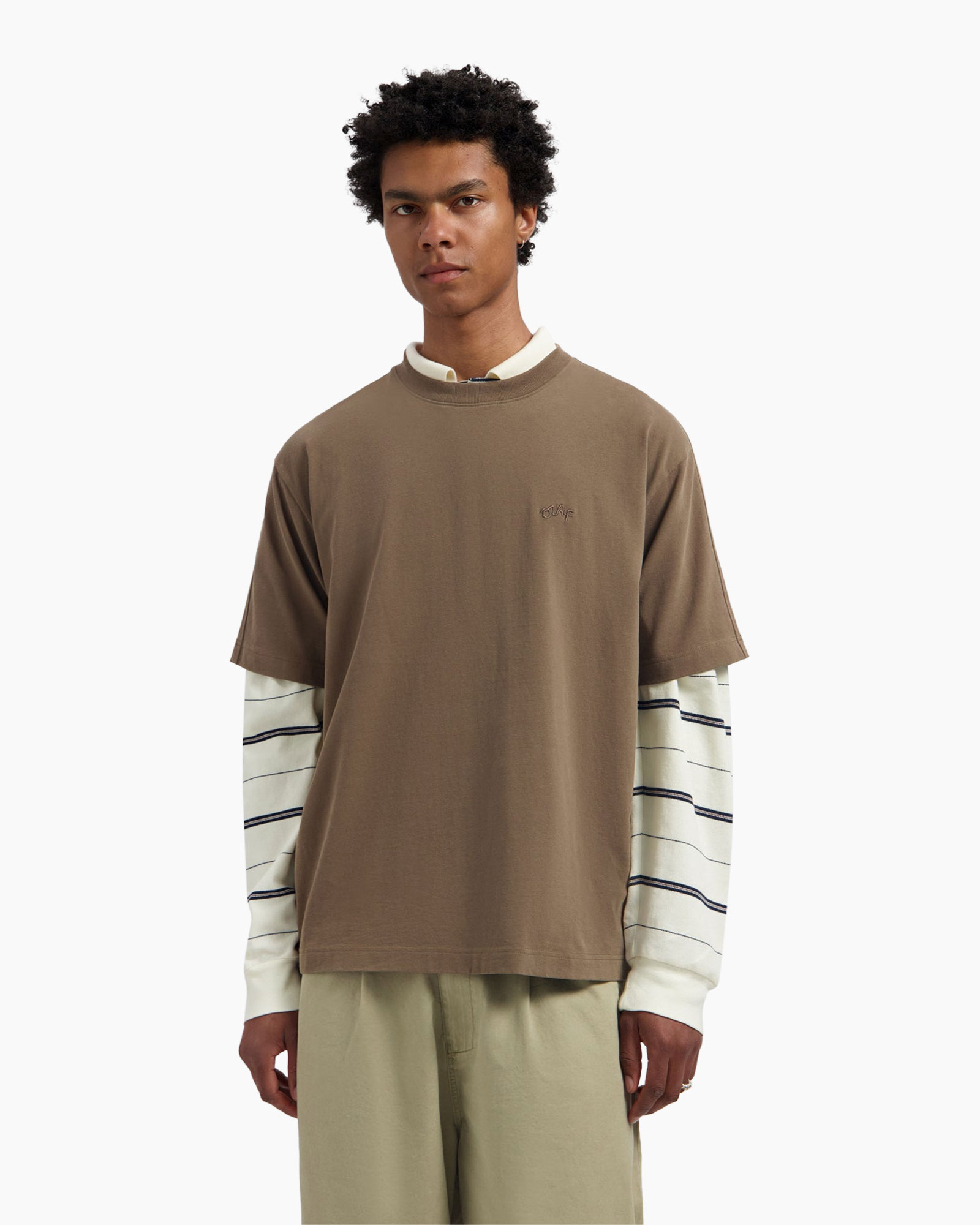 tshirt, short sleeve, brown, layered, striped sleeves