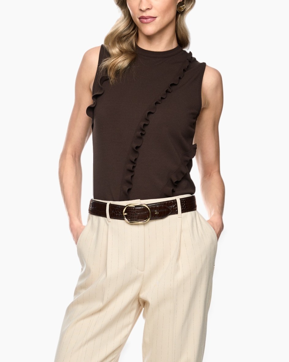 sleeveless top, ruffle detail, brown top, pockets not visible, high neck