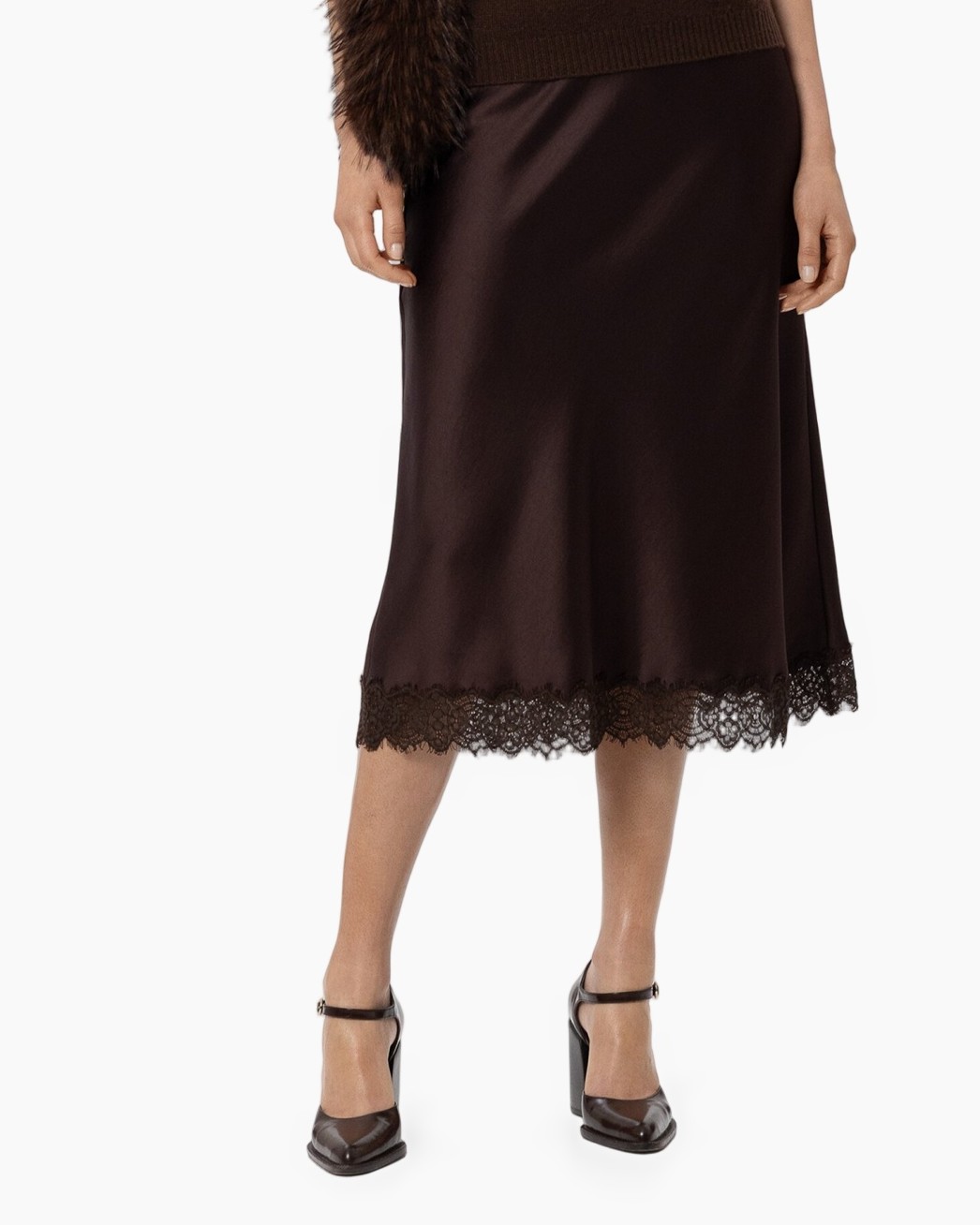 brown skirt, satin fabric, lace hem, mid length, heels