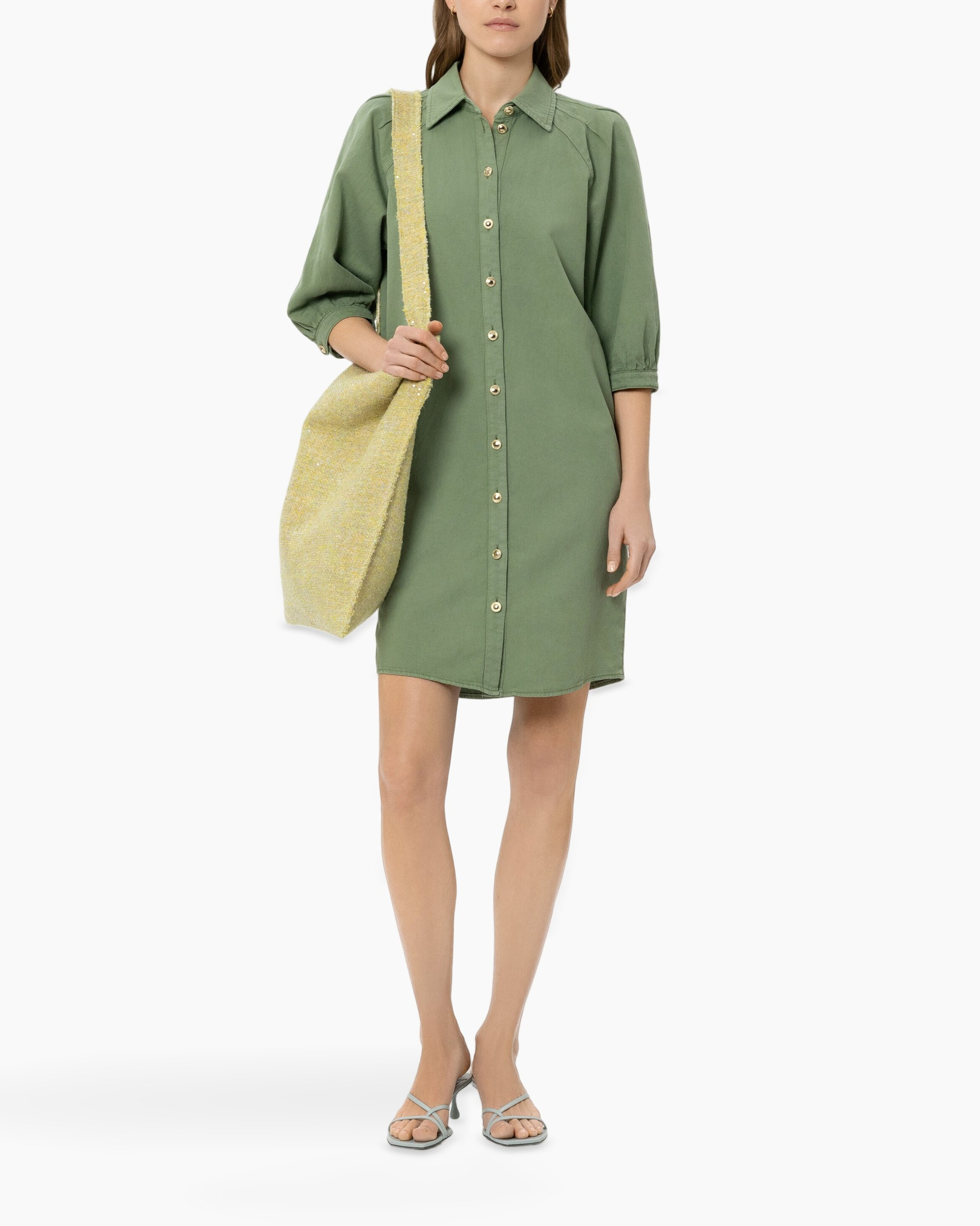 shirt dress, button-down, green, long sleeves, knee-length
