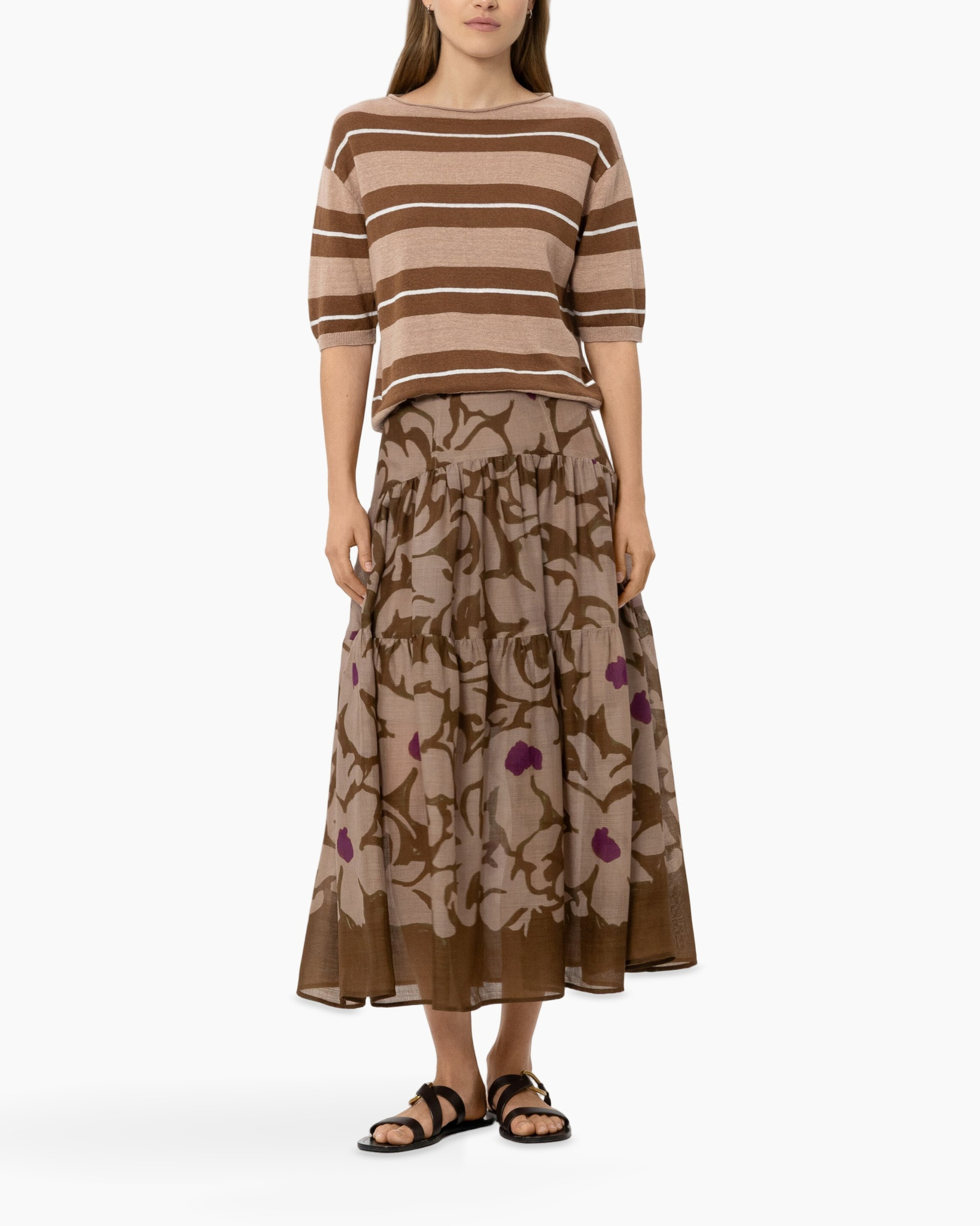 striped sweater, knit top, three-quarter sleeve, brown tones, floral skirt